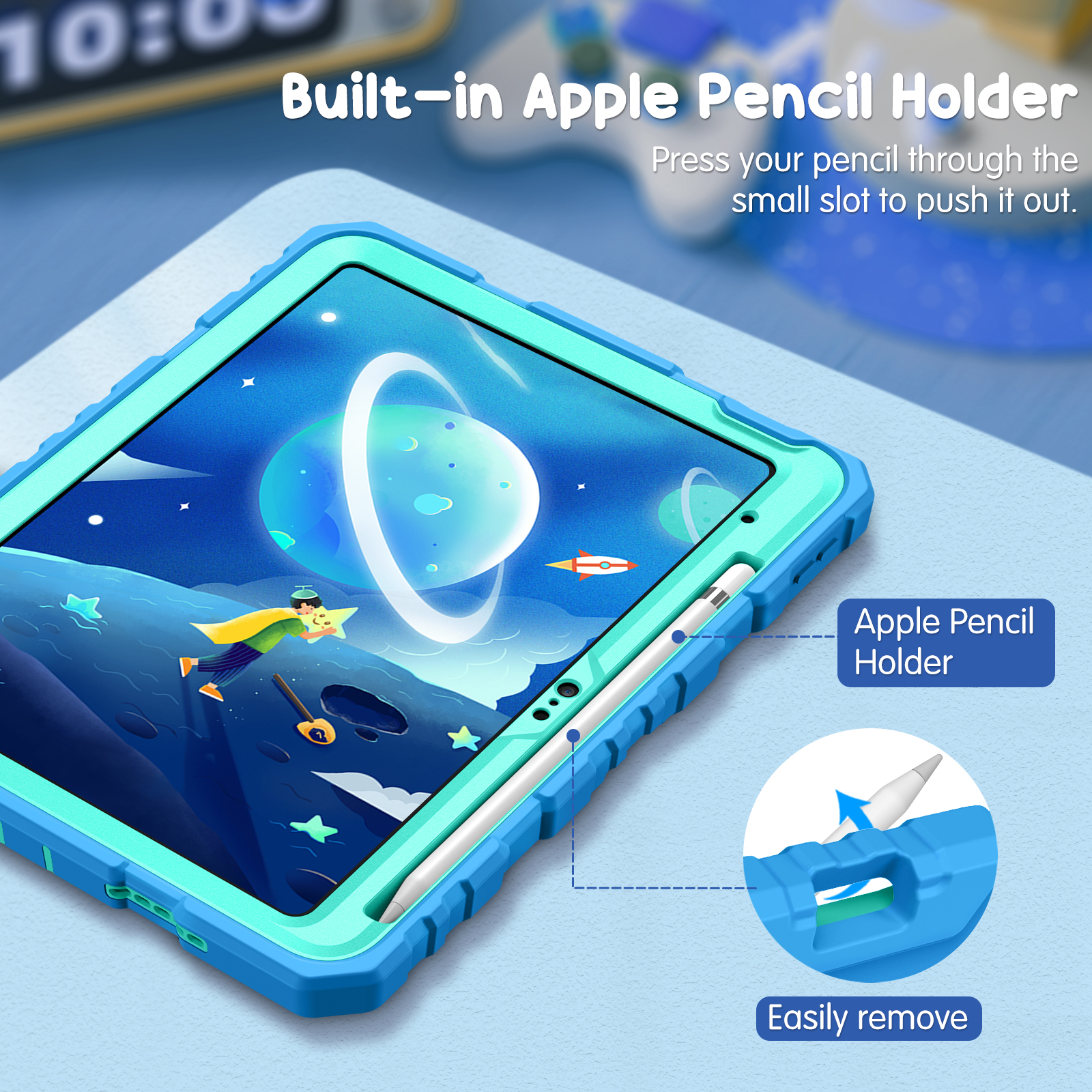 Tablet-Hülle mit integriertem Apple Pencil-Halter. Illustration zeigt eine Weltraumszene mit einem Stift und einer Easy-Remove-Funktion.