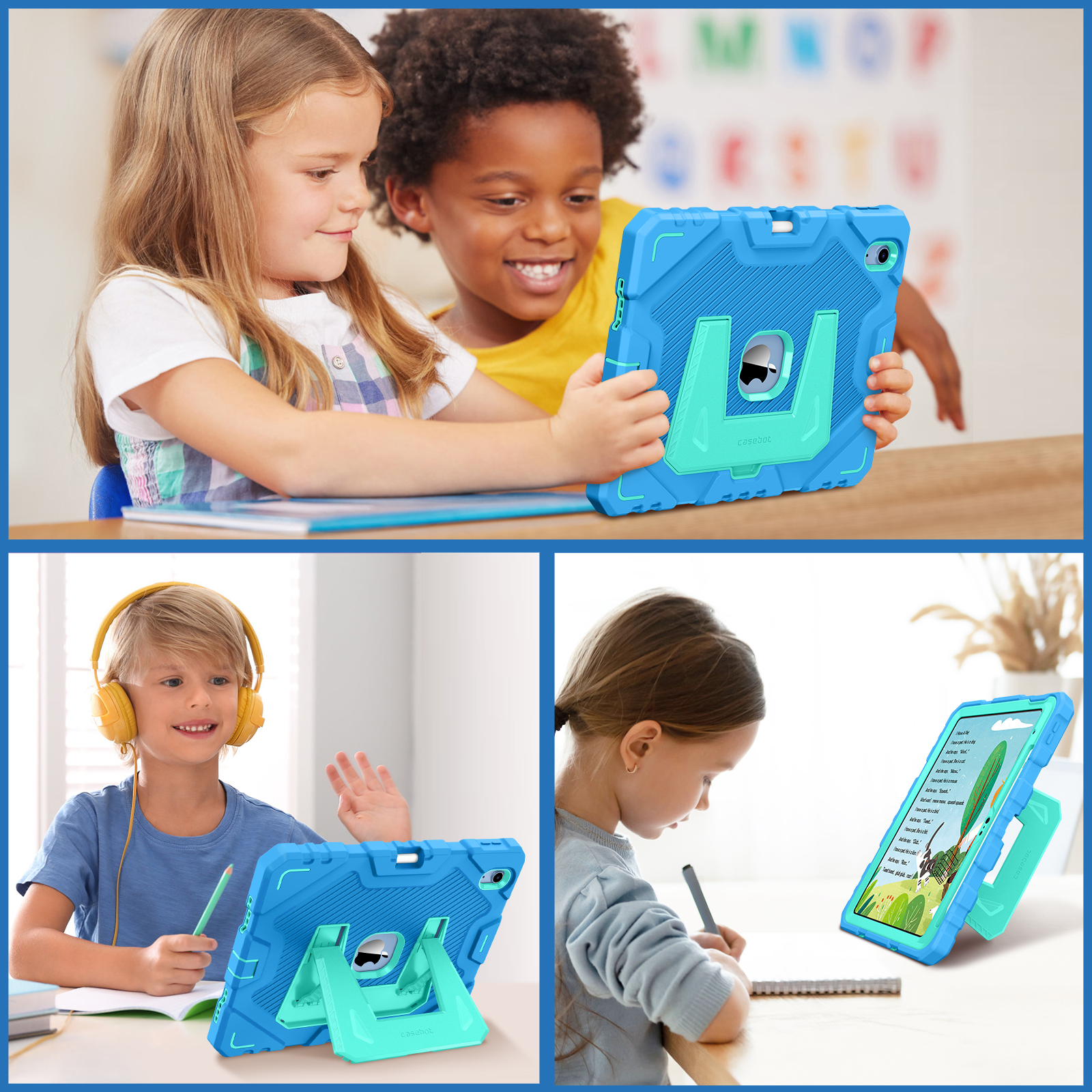Kinder schauen auf ein Tablet mit blauem Gehäuse. Ein Kind winkt. Das Tablet ist aufgestellt.