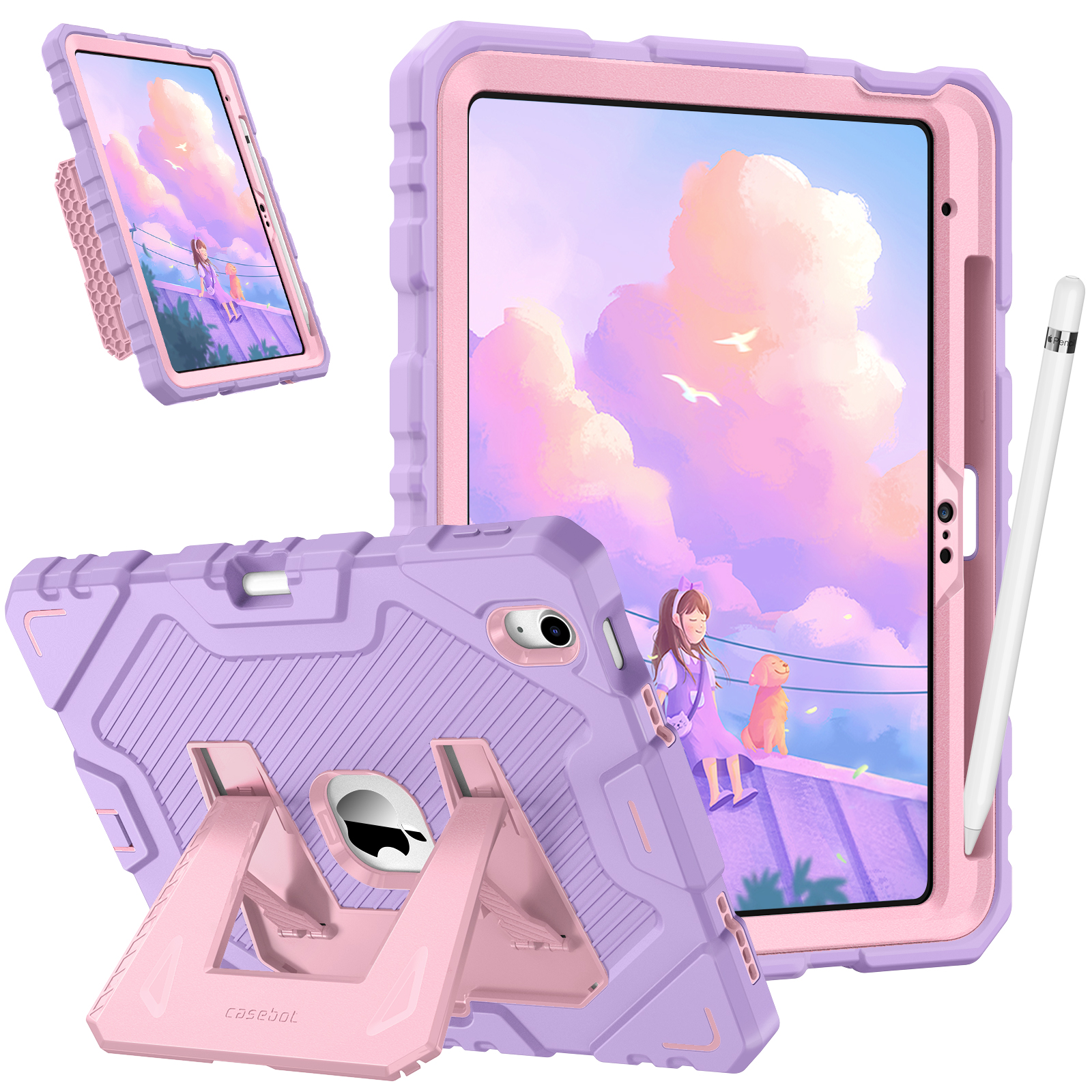 Lila und rosa iPad-Hülle mit einer Illustration eines Mädchens und eines Hundes auf dem Bildschirm. Enthält einen Stift und einen Ständer.