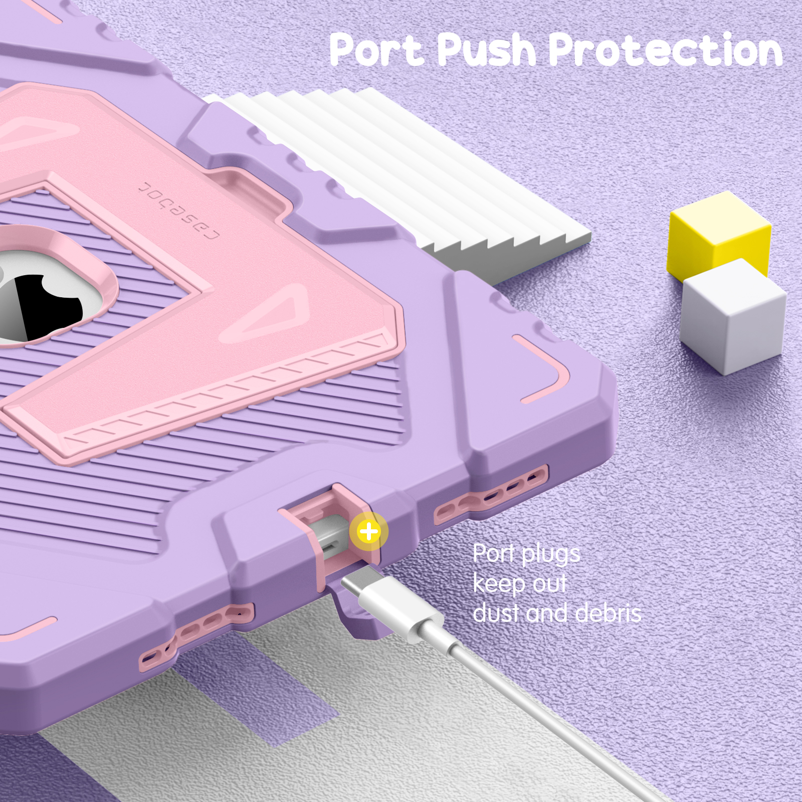 Lila und rosa Tablethülle mit weißem Ladekabel. Gelbe und weiße Würfel rechts. Text: Port Push Protection.