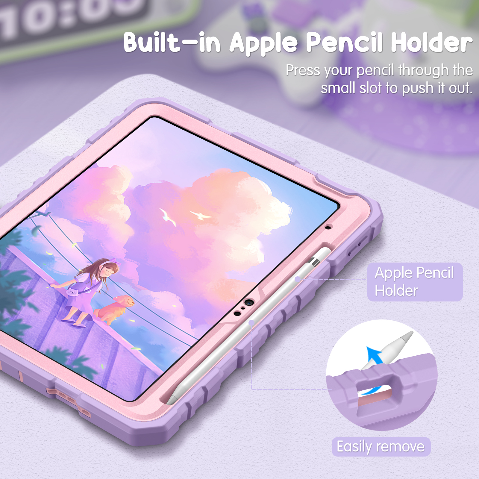 Tablet-Hülle mit integriertem Apple Pencil-Halter. Auf dem Bildschirm sind ein Mädchen und ein Hund zu sehen. Lila und rosa Farben dominieren.