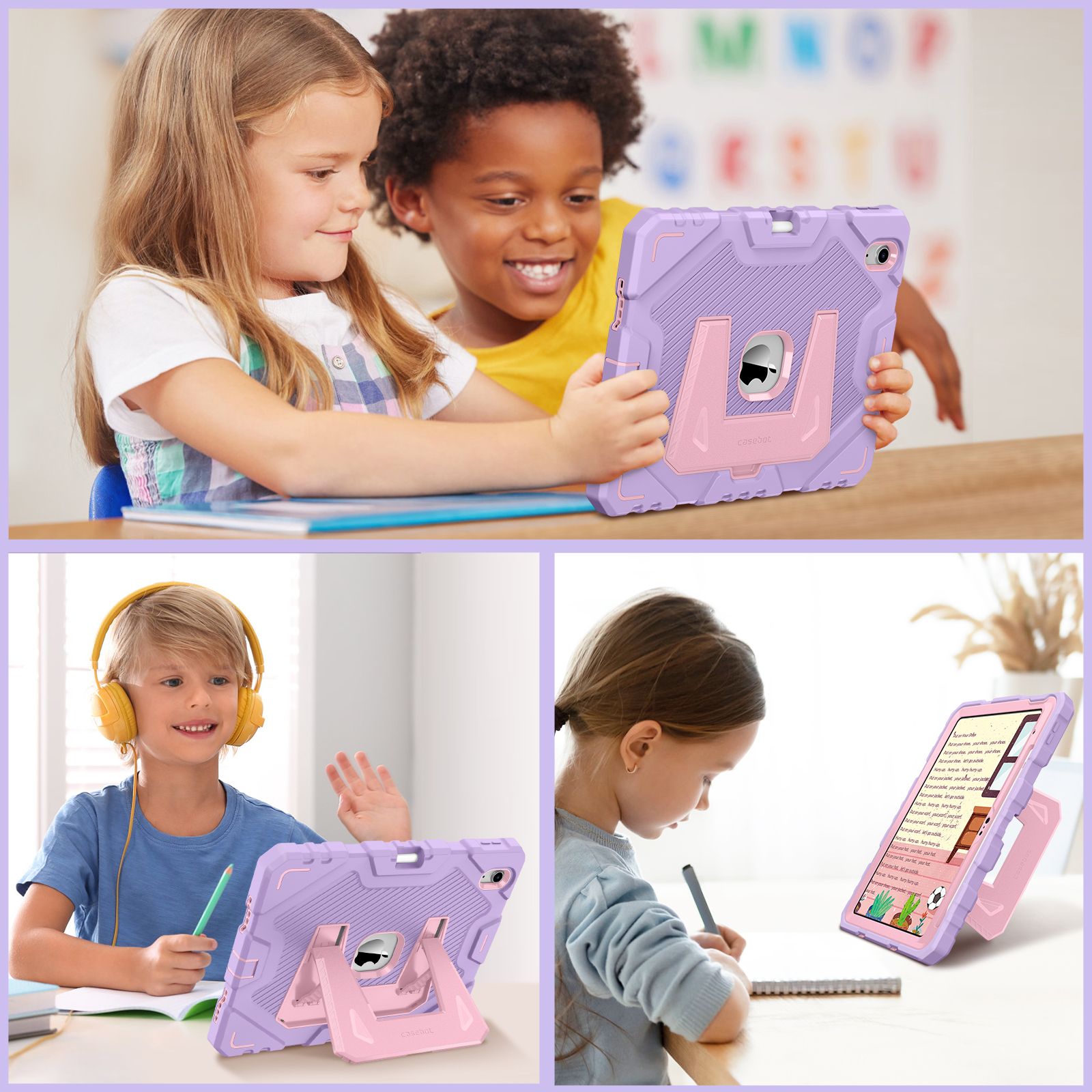 Kinder benutzen Tablets. Ein Junge und ein Mädchen schauen sich gemeinsam den Bildschirm an. Zwei weitere Kinder benutzen ebenfalls Tablets.