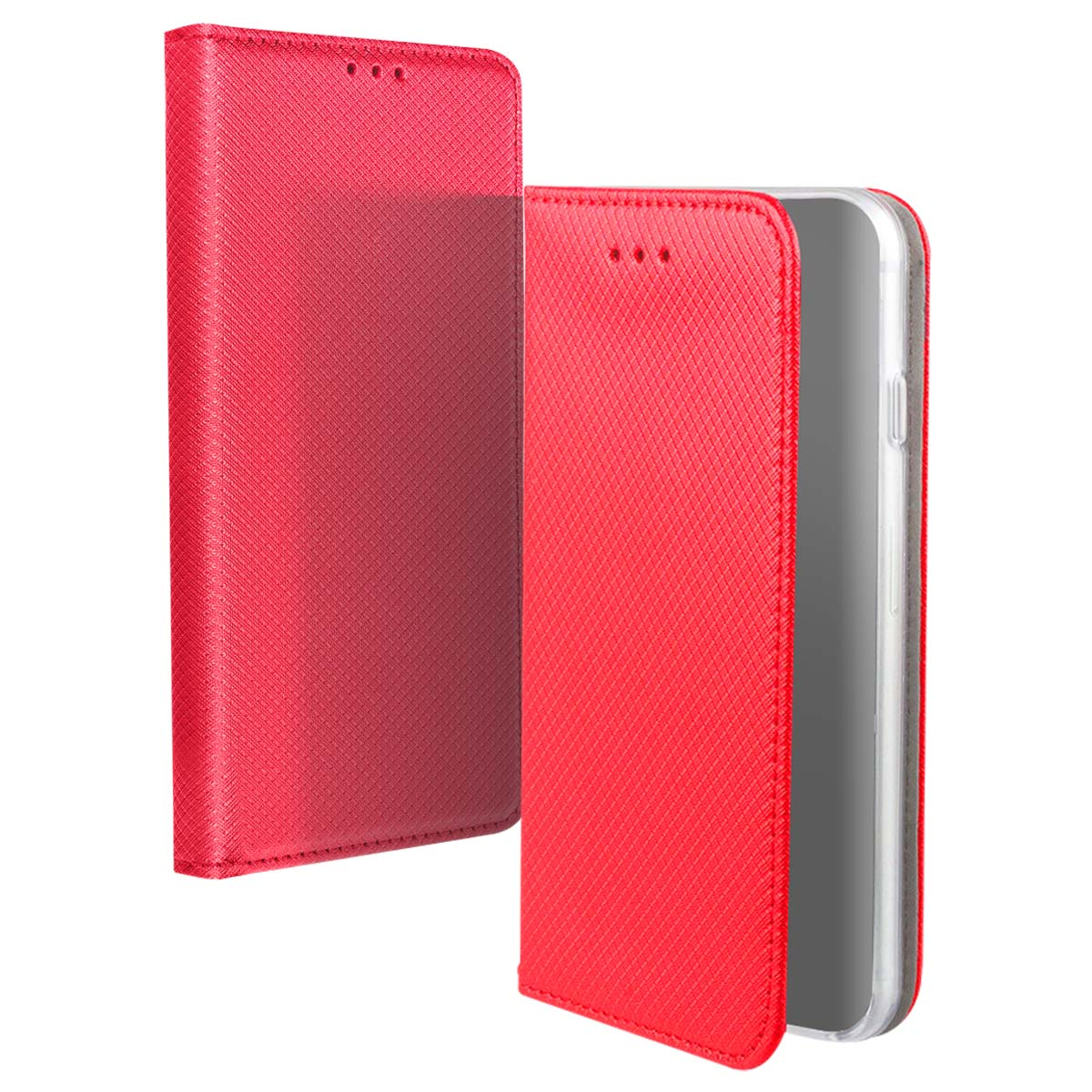 Una custodia rossa per telefono, aperta, che mostra il telefono all'interno. La custodia ha una superficie strutturata e una chiusura magnetica.