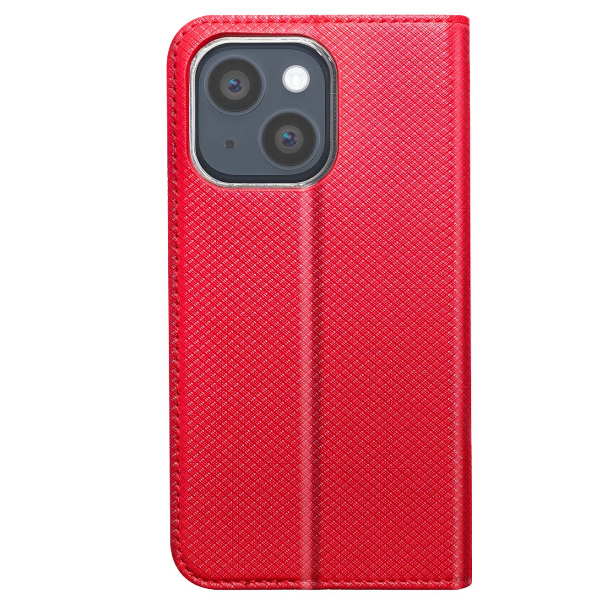 Una custodia rossa per telefono con superficie strutturata. Il telefono con due fotocamere è visibile. La custodia è chiusa.