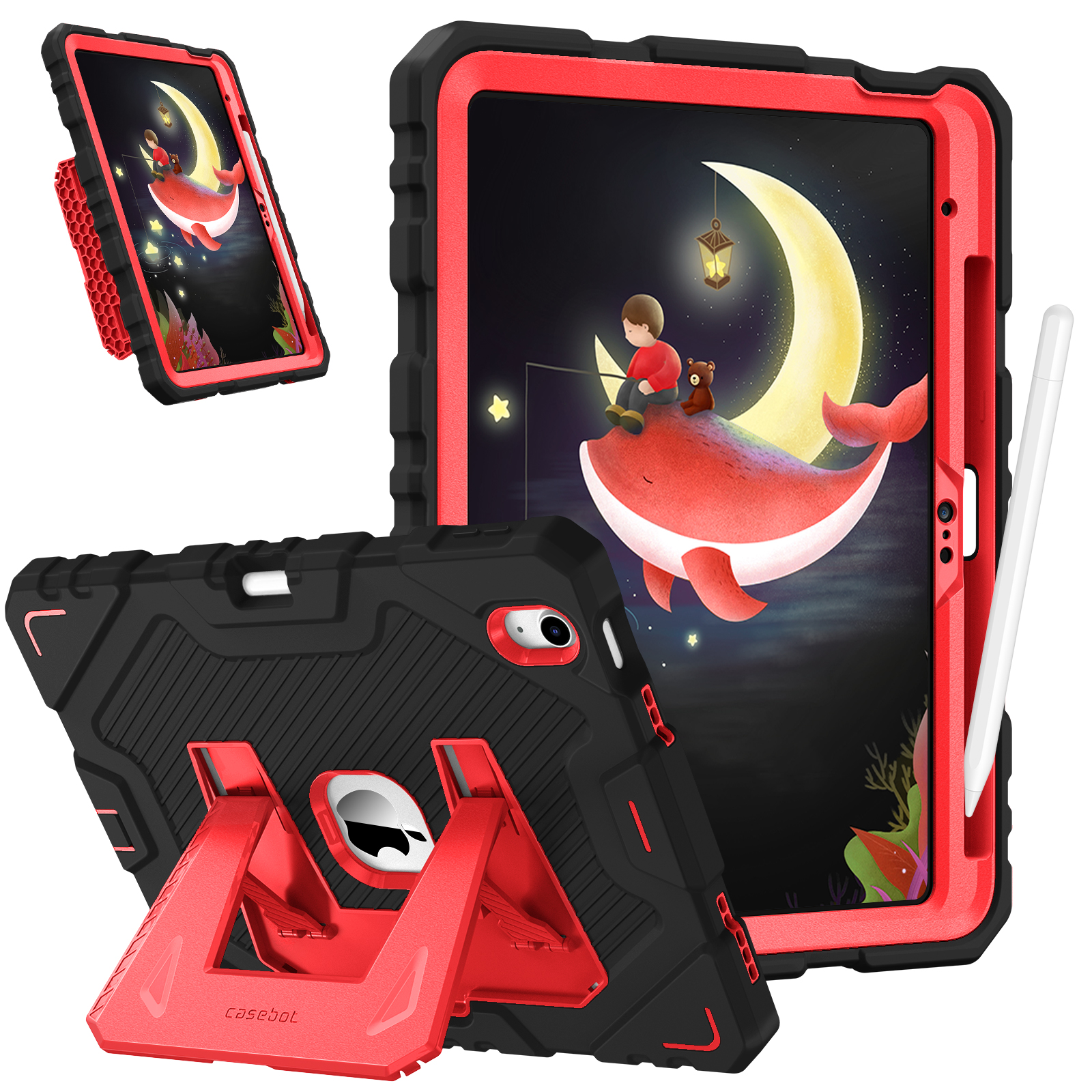 Tablet-Hülle mit Illustration eines Jungen und Bären auf einem roten Wal vor Mond, Stern und Laterne.