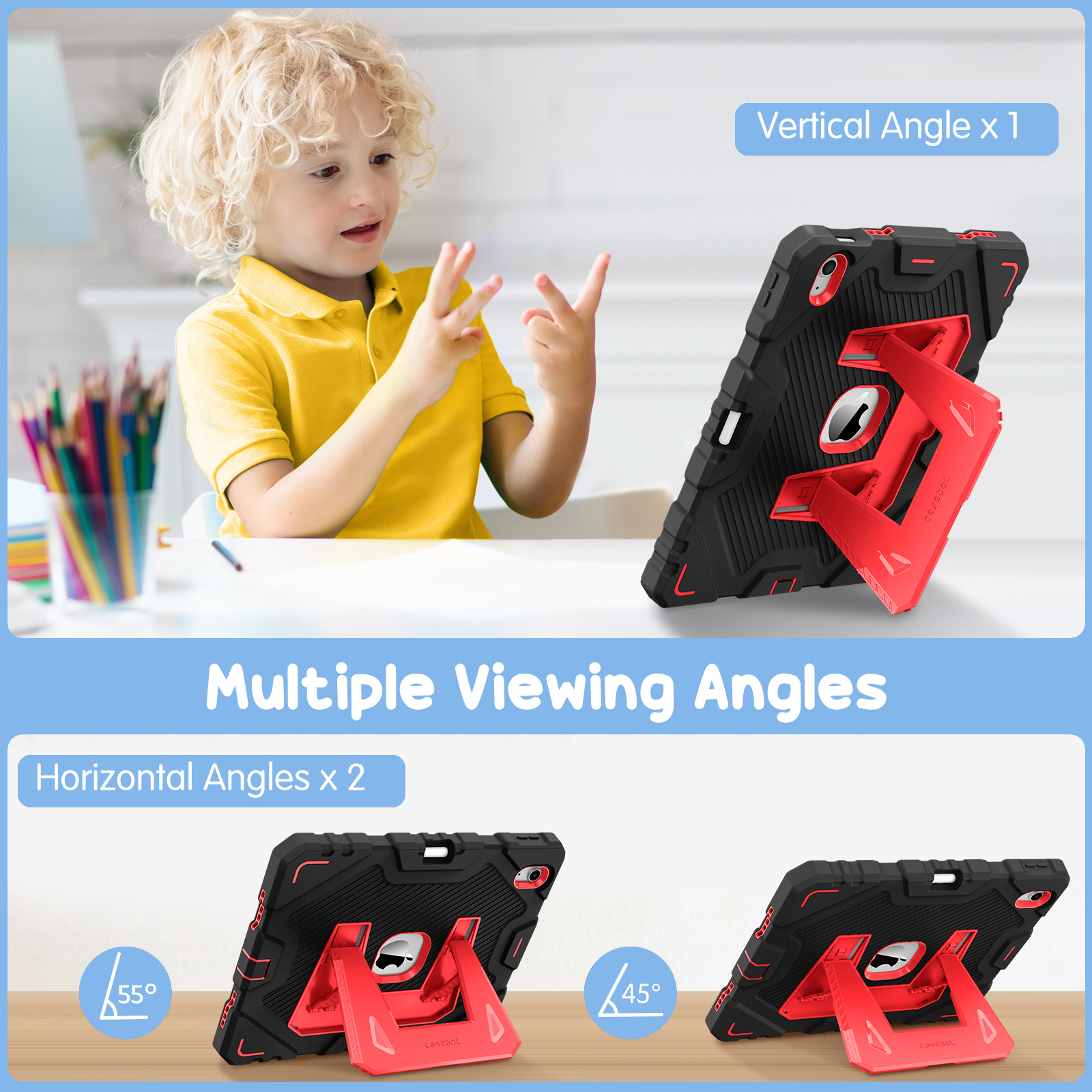 Ein Kind mit gelbem Hemd hält drei Finger hoch. Eine iPad-Hülle wird mit mehreren Betrachtungswinkeln gezeigt.