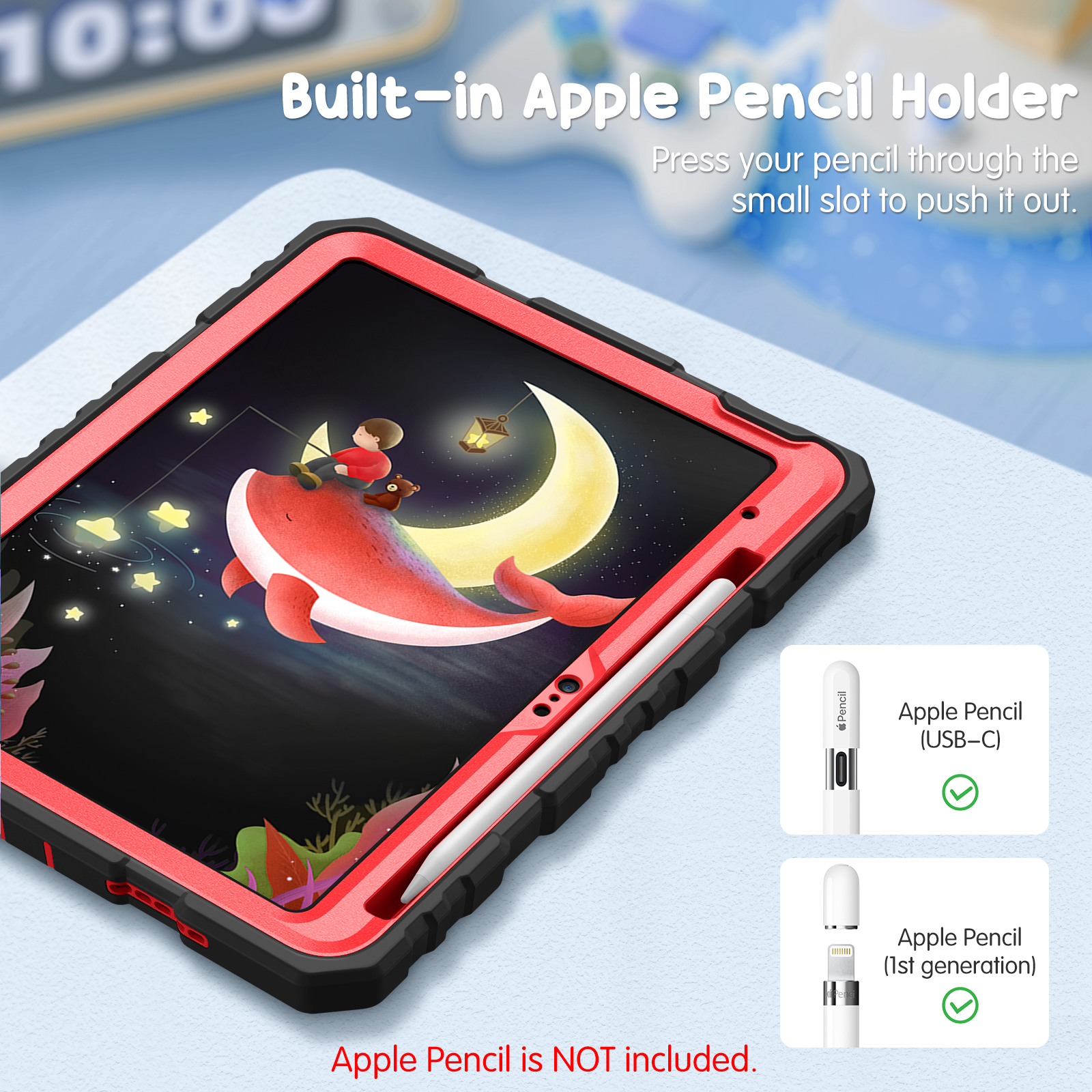 Rote Tablethülle mit Wal und Junge. Ein Apple Pencil steckt im Schlitz. Text: Apple Pencil Holder.