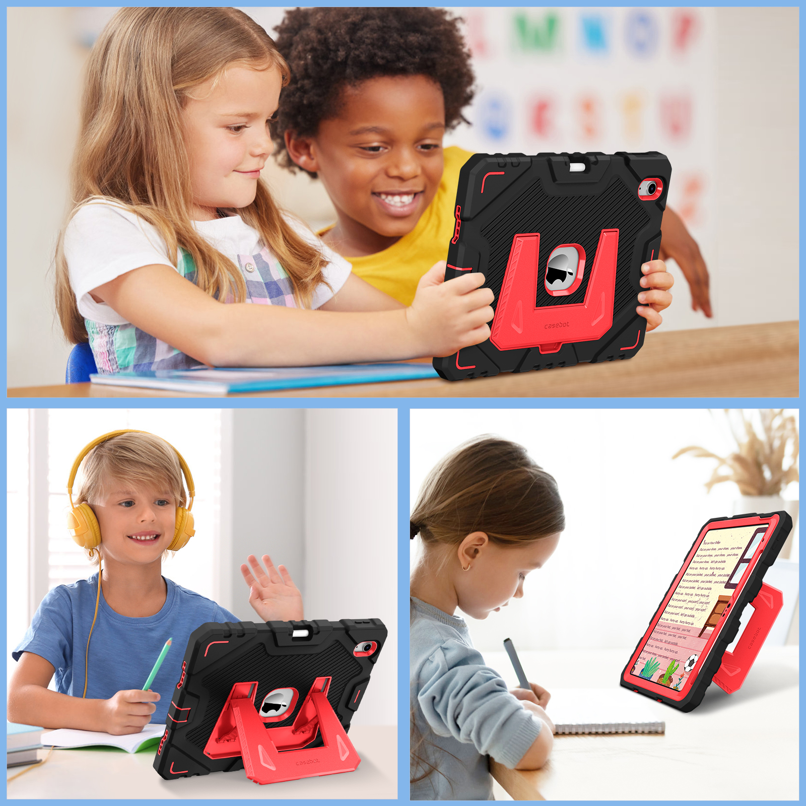 Kinder schauen auf ein Tablet. Schwarze und rote Hülle auf dem Tablet. Ein Kind hat Kopfhörer. Eines schreibt.