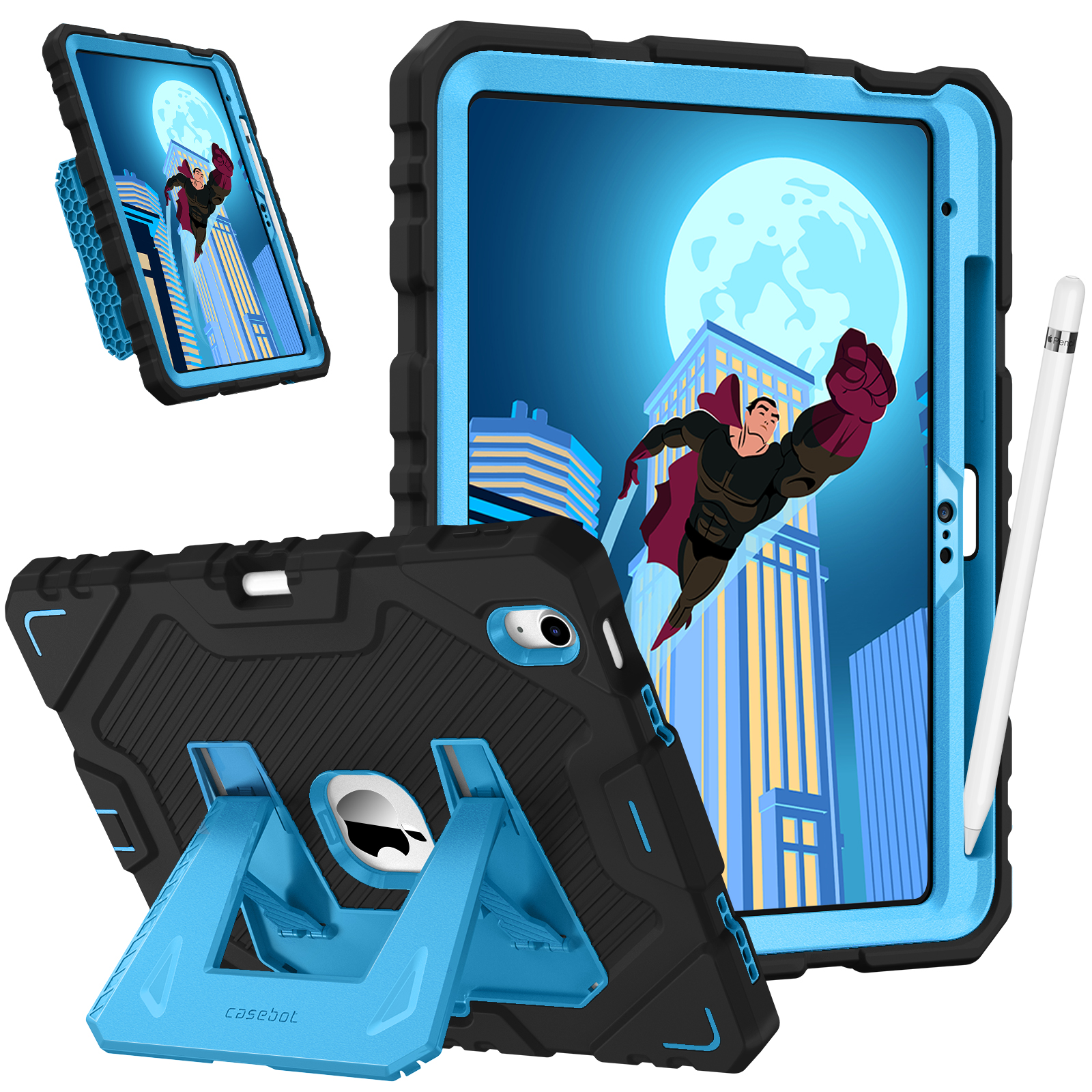 Ein iPad in einer blau-schwarzen Schutzhülle mit einem Superheldenbild auf dem Bildschirm. Daneben befindet sich ein Stift.