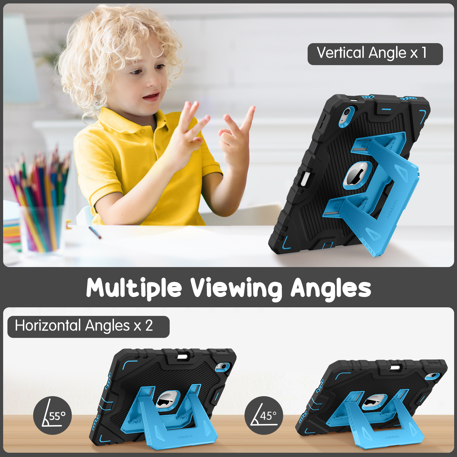 Ein Junge im gelben Hemd zeigt drei Finger. Eine Tablet-Hülle mit mehreren Betrachtungswinkeln wird angezeigt.