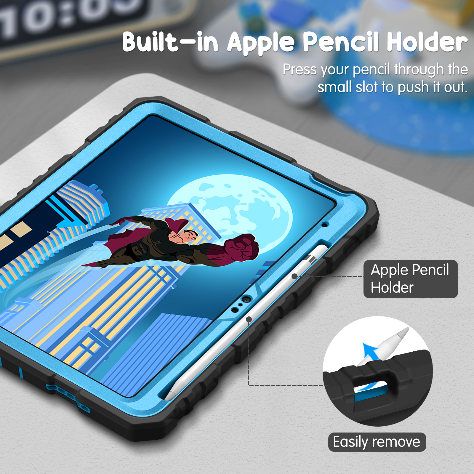 Das Bild zeigt ein Tablet mit integriertem Apple Pencil Halter. Der Bildschirm zeigt einen Superhelden, der über Gebäude fliegt.