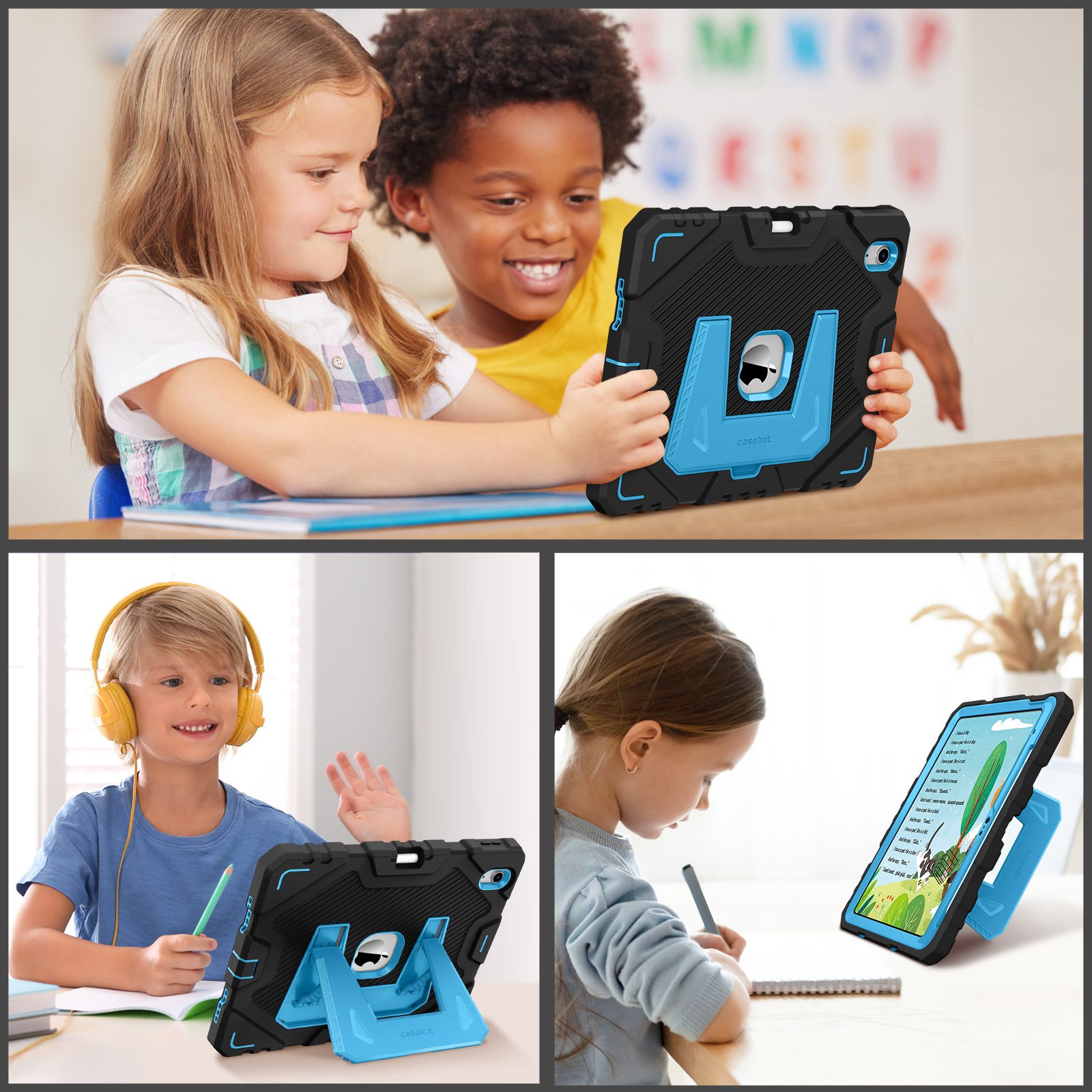 Drei Tafeln zeigen Kinder, die Tablets benutzen. Ein Paar teilt sich ein Tablet. Ein anderer winkt. Der letzte schreibt.