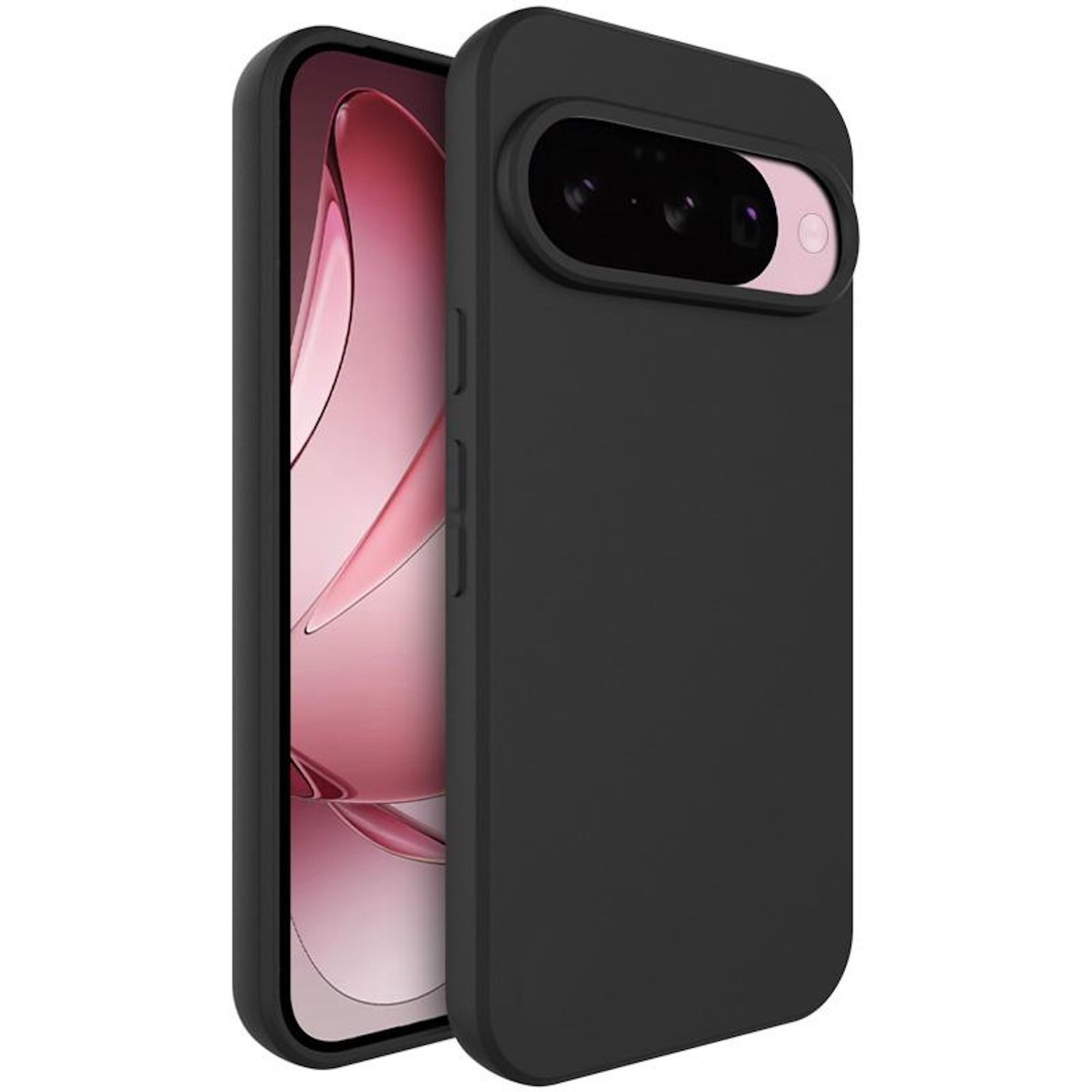 Schwarze Handyhülle mit einem Handy darin. Der Bildschirm des Telefons ist rosa. Die Hülle hat einen Kameraausschnitt. Der Hintergrund ist weiß.