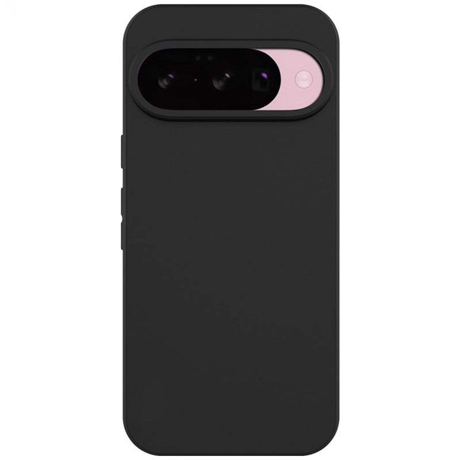 Eine schwarze Handyhülle mit Kameraausschnitt. Der Ausschnitt beherbergt drei Linsen und einen rosa Akzent um den Kamerabereich.