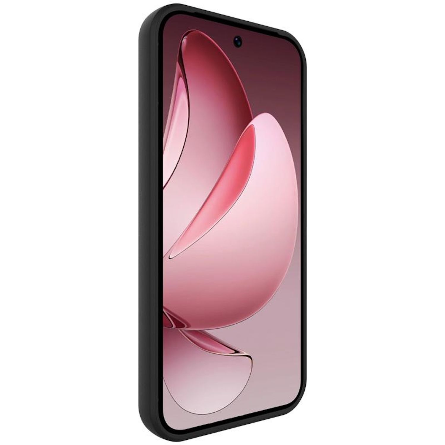 Ein Smartphone mit schwarzem Rahmen und einem rosa-weißen Farbverlauf auf dem Display. Das Telefon ist leicht angewinkelt.