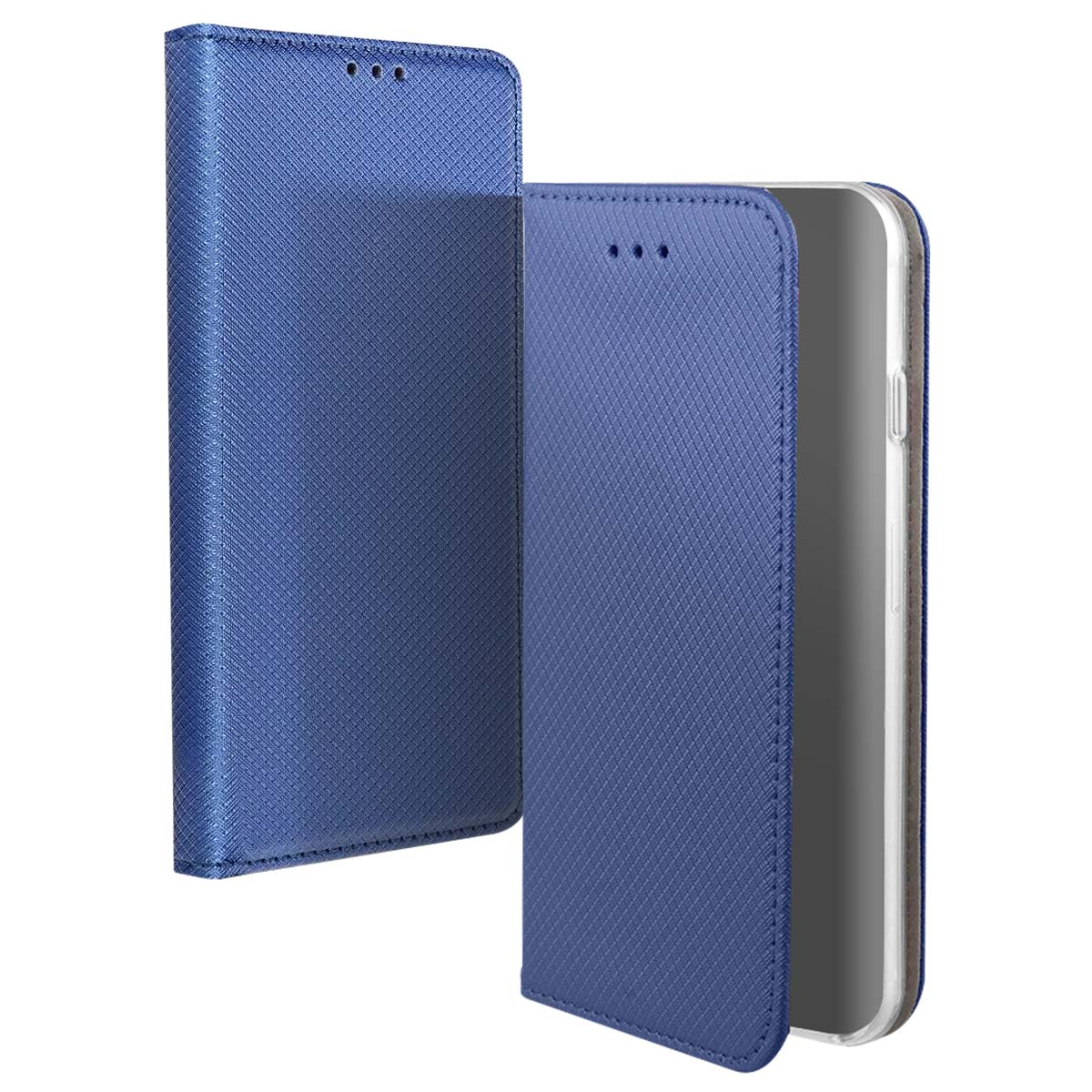 Una custodia blu per telefono, aperta, che mostra lo schermo del telefono. La custodia ha una superficie strutturata e cuciture.