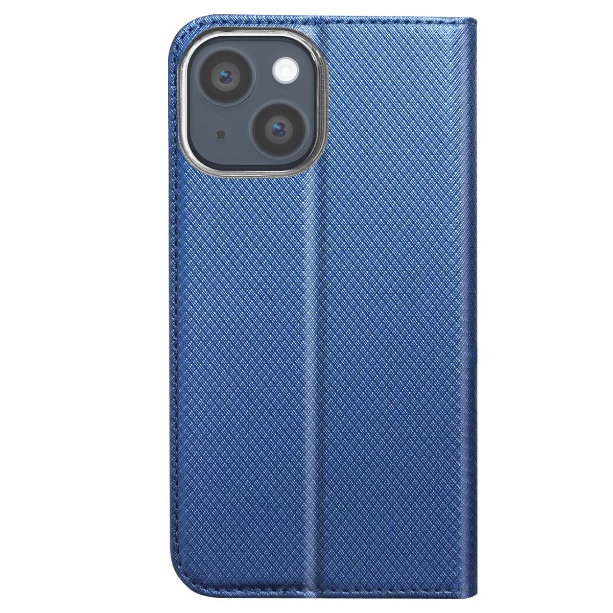 Una custodia blu per telefono, con un ritaglio per la fotocamera. La custodia è chiusa. La superficie ha un motivo strutturato.