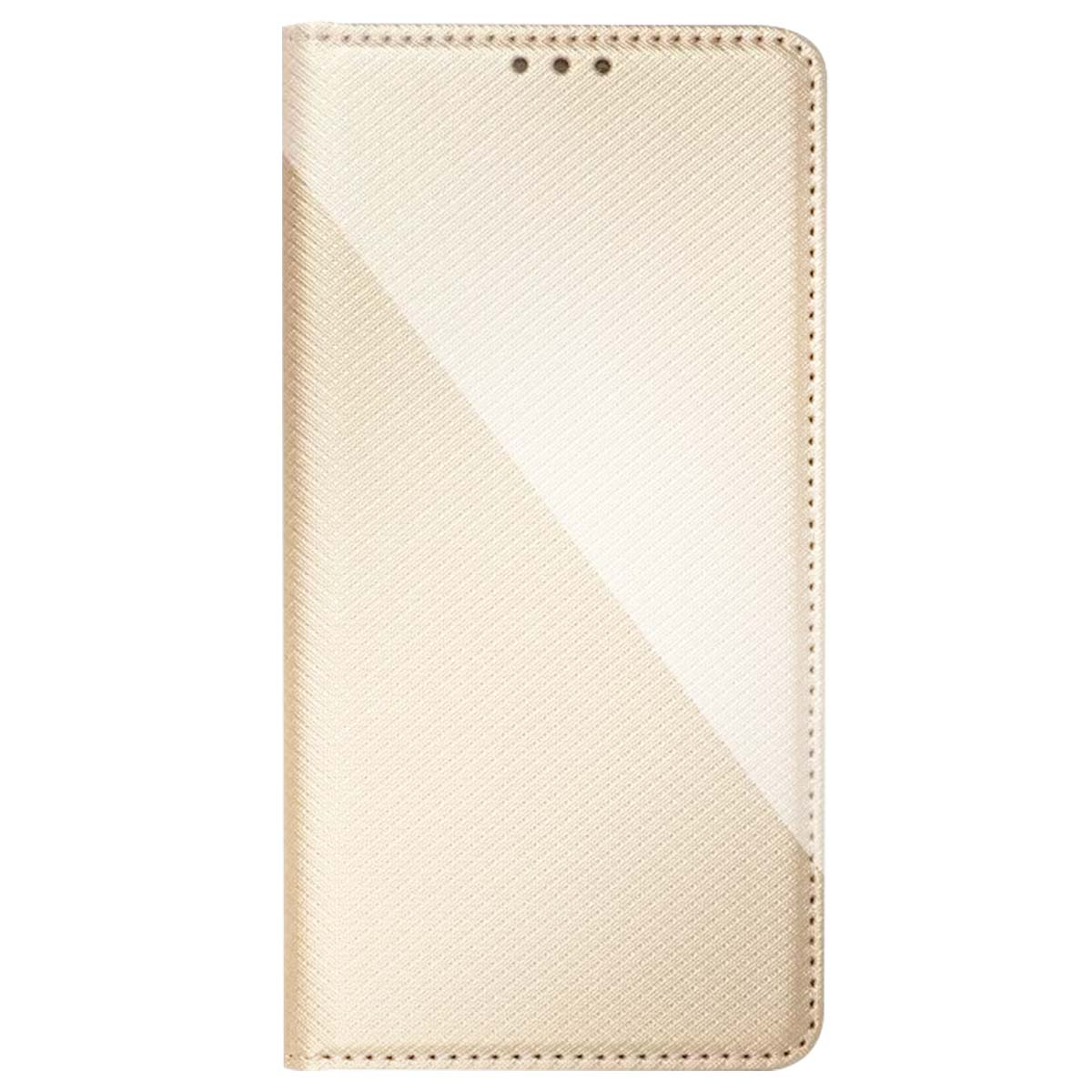 Una custodia per telefono beige con blocchi di colore diagonali. La custodia ha cuciture sui bordi e piccoli fori in alto.