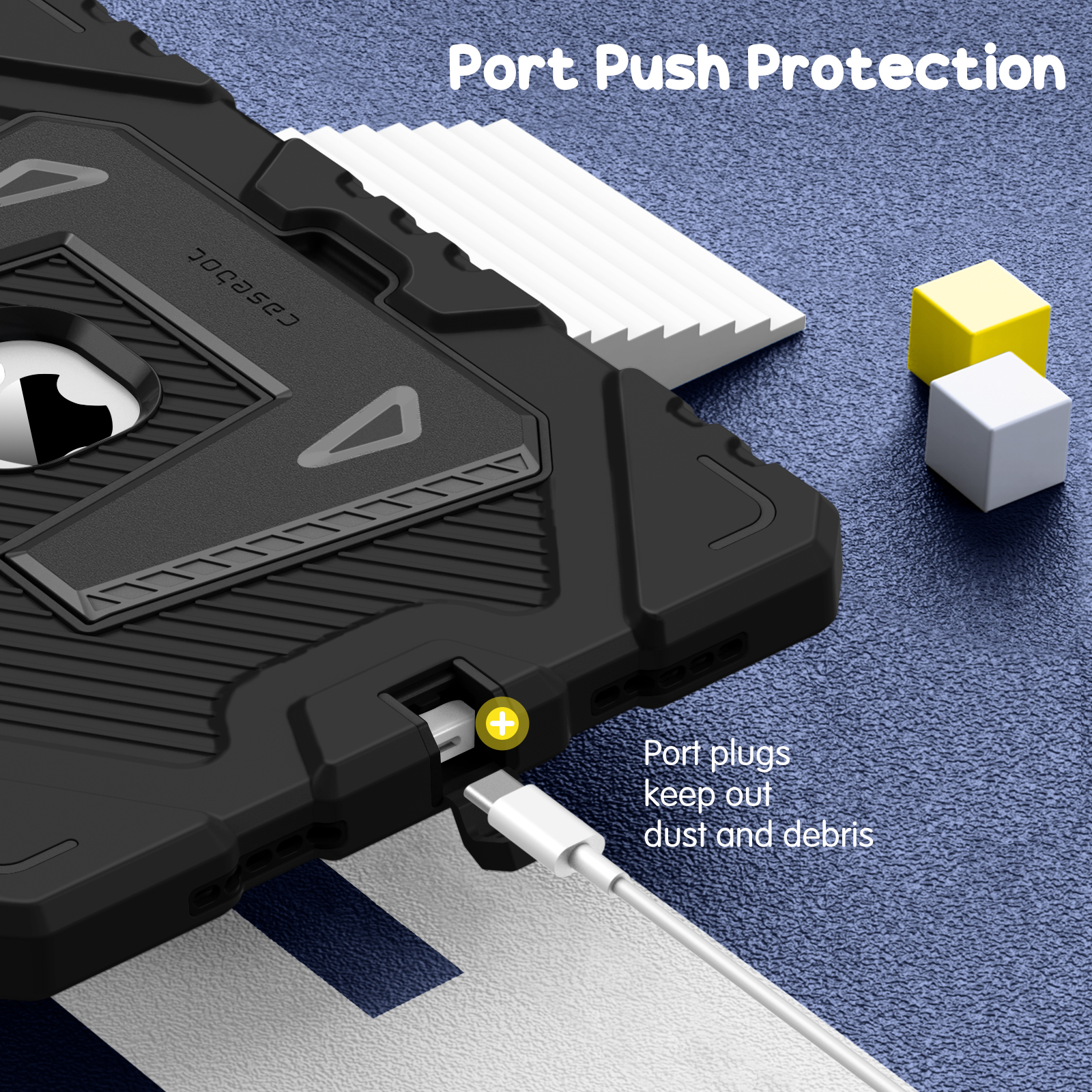 Schwarze Handyhülle mit weißem Kabel. Gelbe und weiße Würfel auf blauem strukturiertem Hintergrund. Text: Port Push Protection.