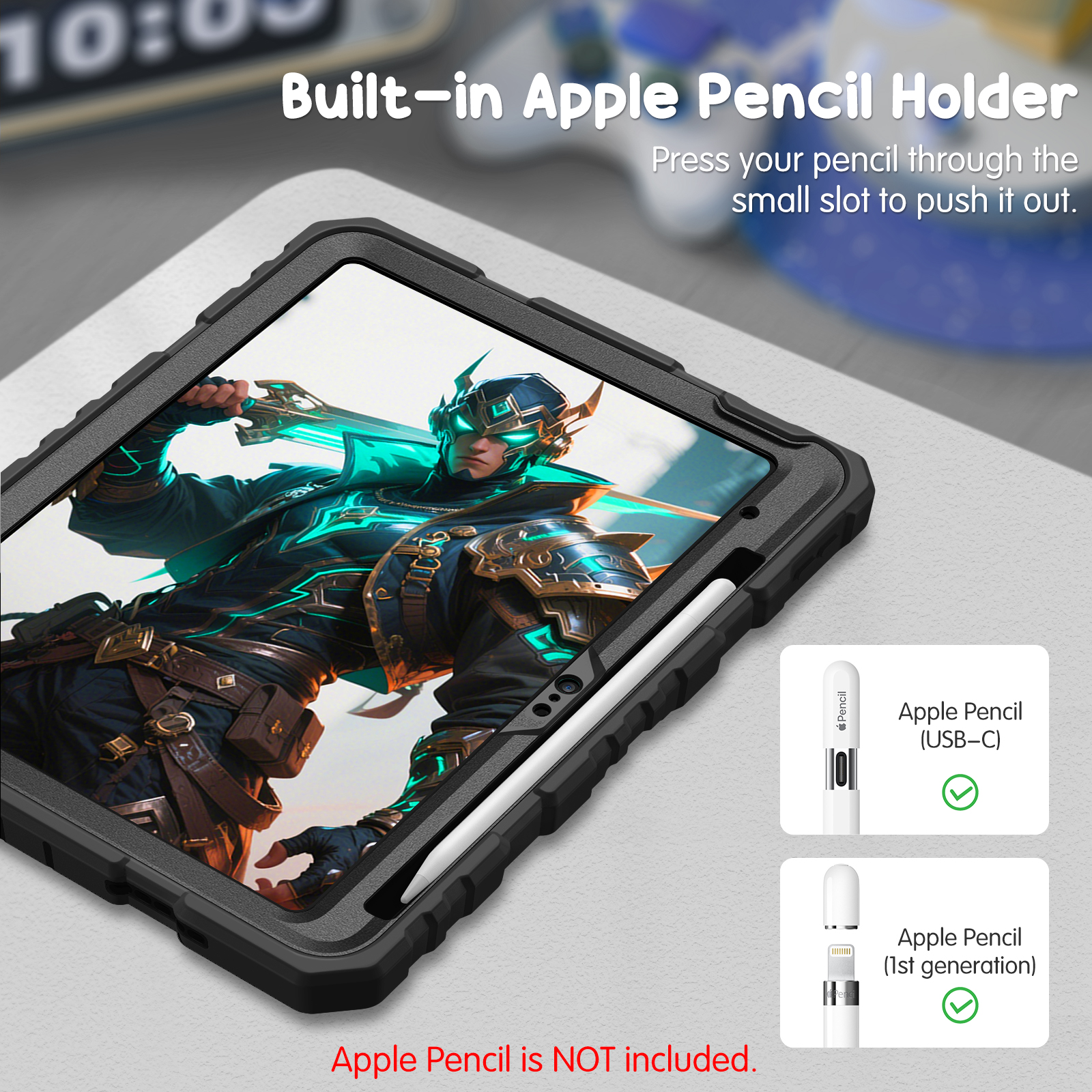 Eine schwarze Hülle mit integriertem Apple Pencil-Halter. Der Bildschirm zeigt einen Krieger mit leuchtender Waffe.