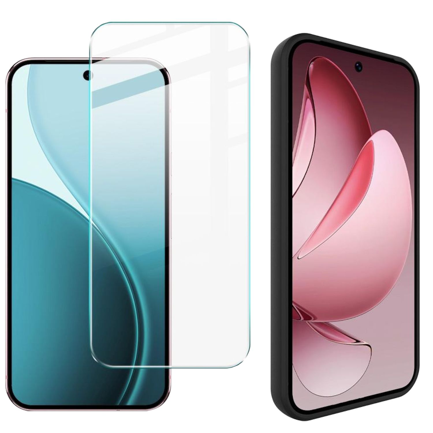 Drei Smartphones: eines mit Displayschutz, eines mit Hülle und eines mit Displayschutz und Bildschirm.