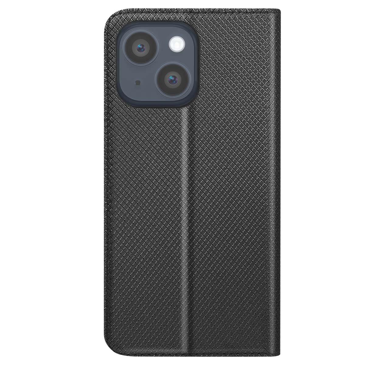 Custodia nera per iPhone con lenti della fotocamera visibili. Superficie strutturata. Design a conchiglia. Orientamento verticale.