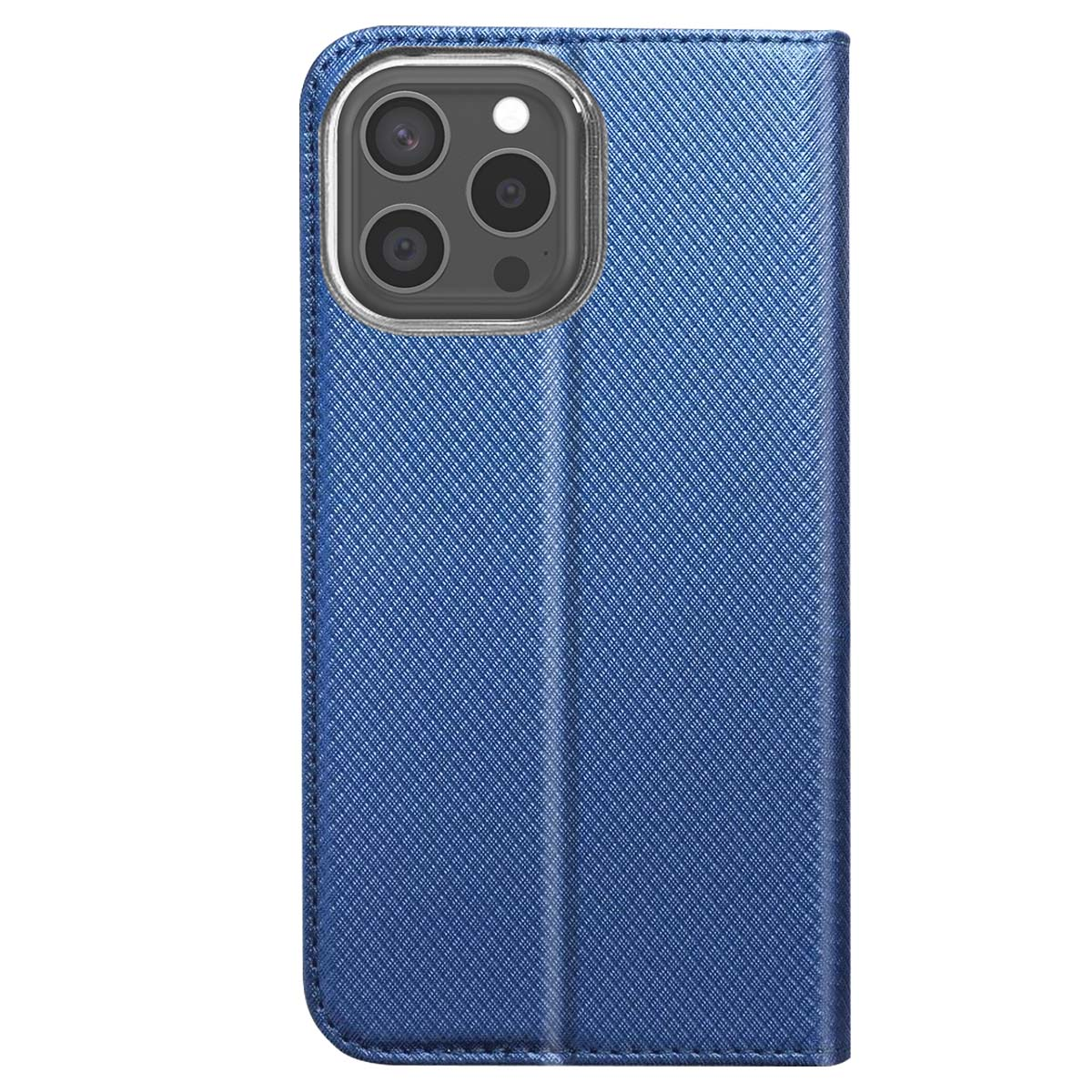 Custodia blu per telefono con ritaglio per fotocamera. La custodia è chiusa, che mostra una superficie strutturata con un bordo cucito.