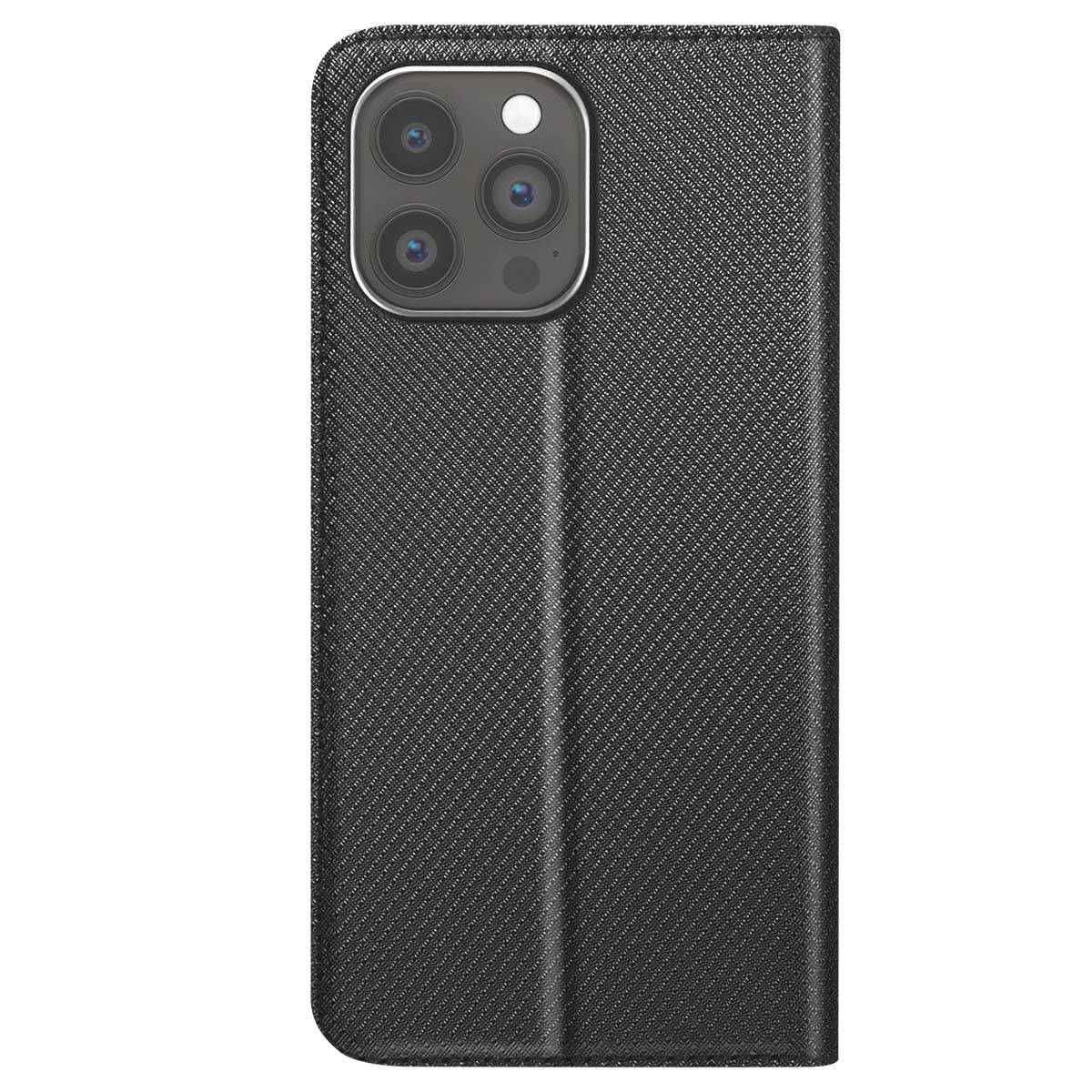 Custodia nera per telefono con fotocamera a tre lenti. La custodia è strutturata, chiusa e protegge il telefono.