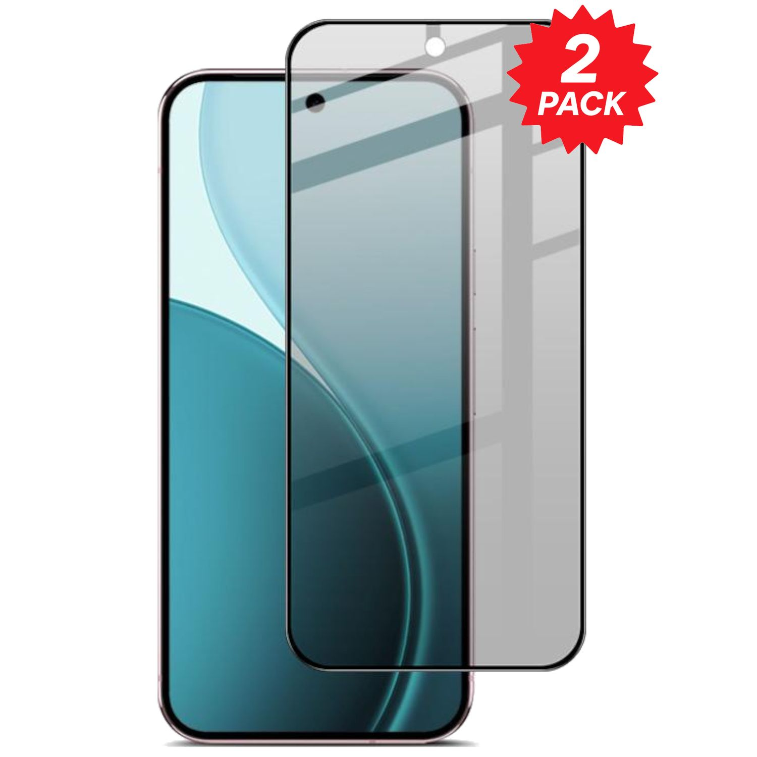 Ein Telefon mit Displayschutzfolie. Ein roter '2 PACK'-Aufkleber befindet sich in der oberen rechten Ecke. Der Telefonbildschirm hat einen bläulichen Hintergrund.
