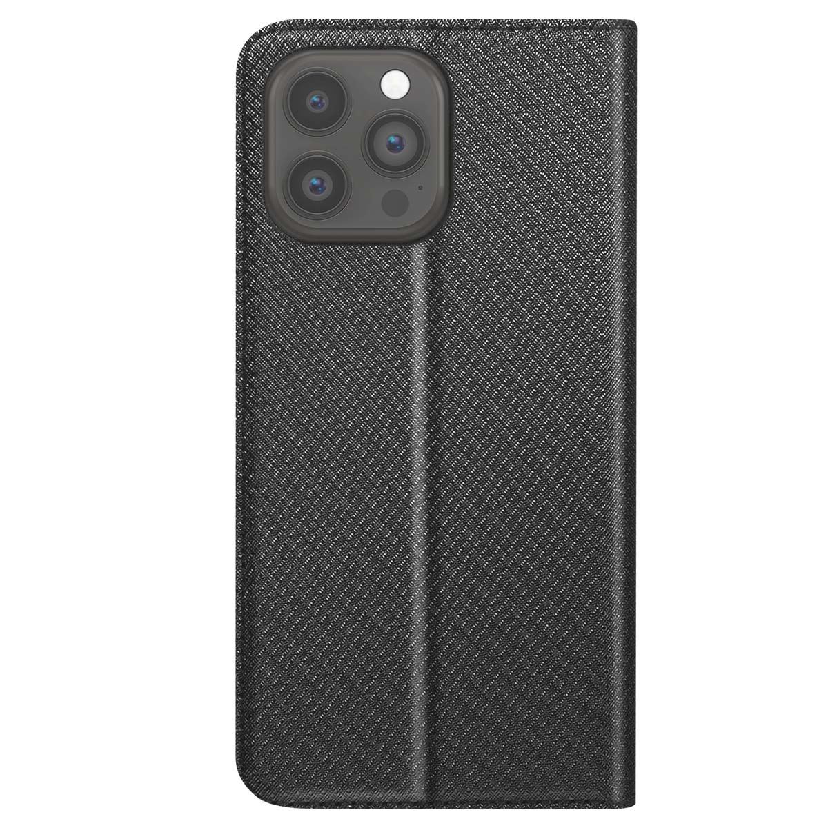 Custodia per telefono nera strutturata con ritagli per la fotocamera. La custodia è chiusa e ripiegata. Ha un motivo dettagliato e intrecciato.