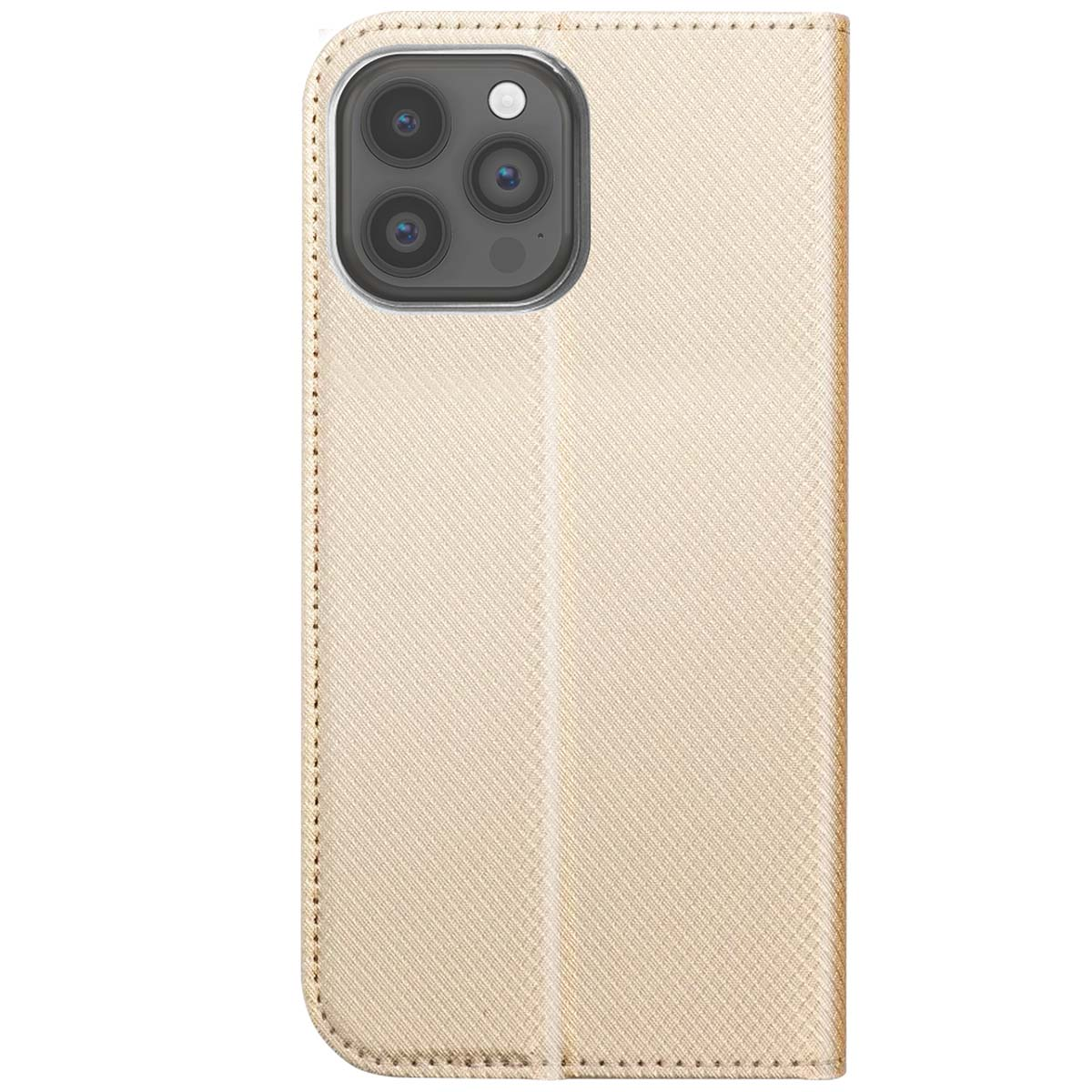 Una custodia dorata per telefono con modulo fotocamera. La custodia ha una superficie strutturata e bordi cuciti. Il telefono è nella custodia.