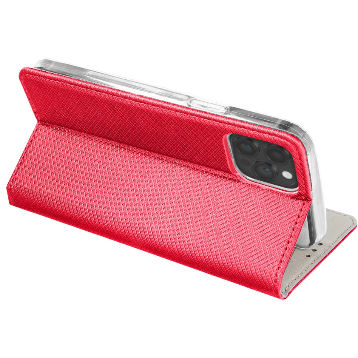 Custodia rossa per telefono con un telefono trasparente all'interno. La custodia è aperta, rivelando la fotocamera del telefono. Lo sfondo è bianco.
