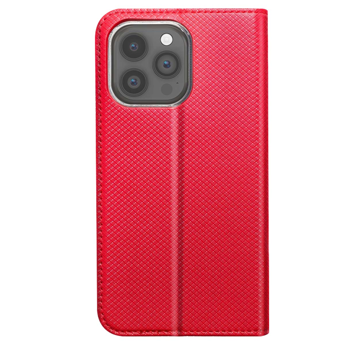 Una custodia rossa per telefono con superficie strutturata. La custodia ha un ritaglio per la fotocamera. Il telefono è dentro.