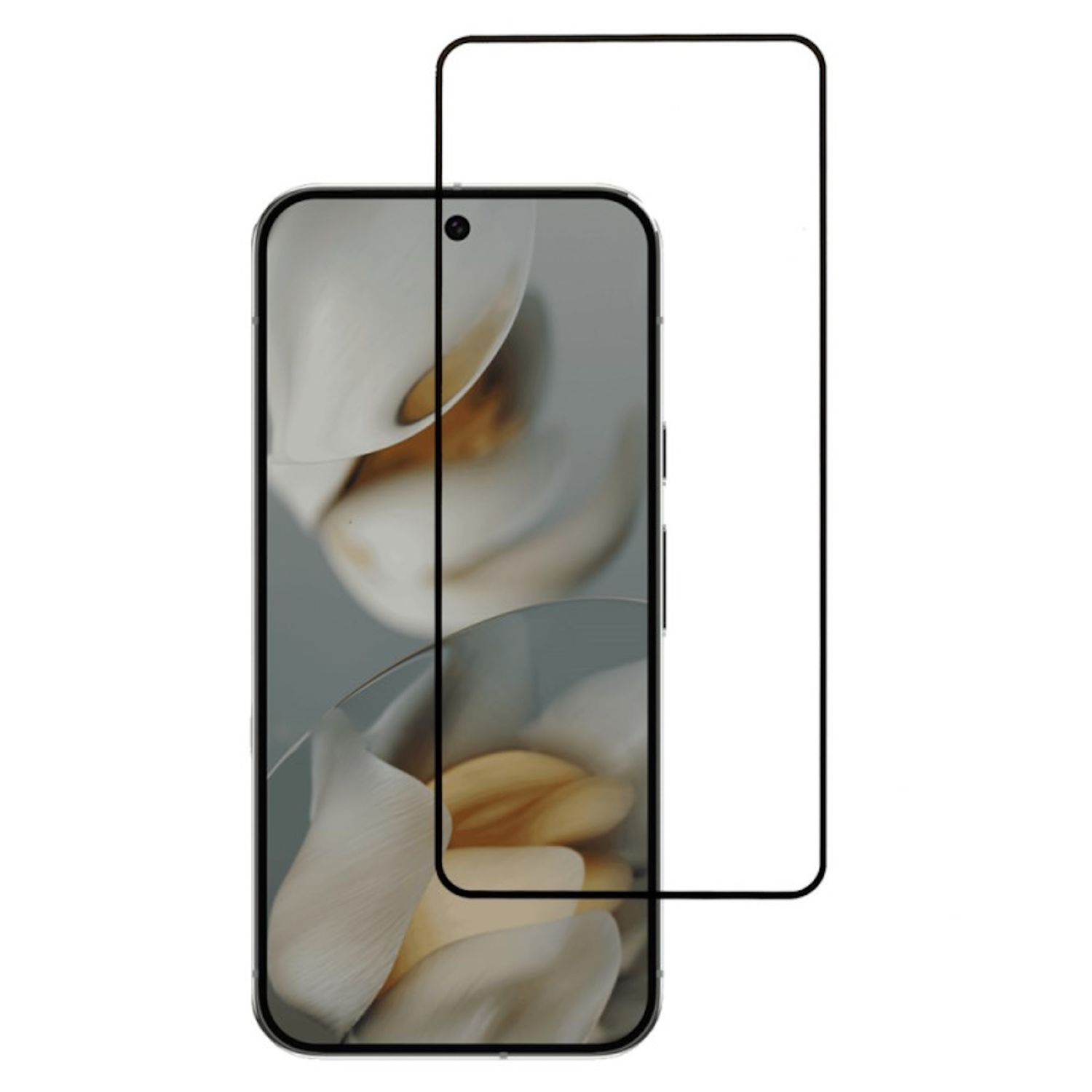 Uno smartphone con una protezione per lo schermo accanto. Il telefono mostra un'immagine floreale. La protezione è trasparente.