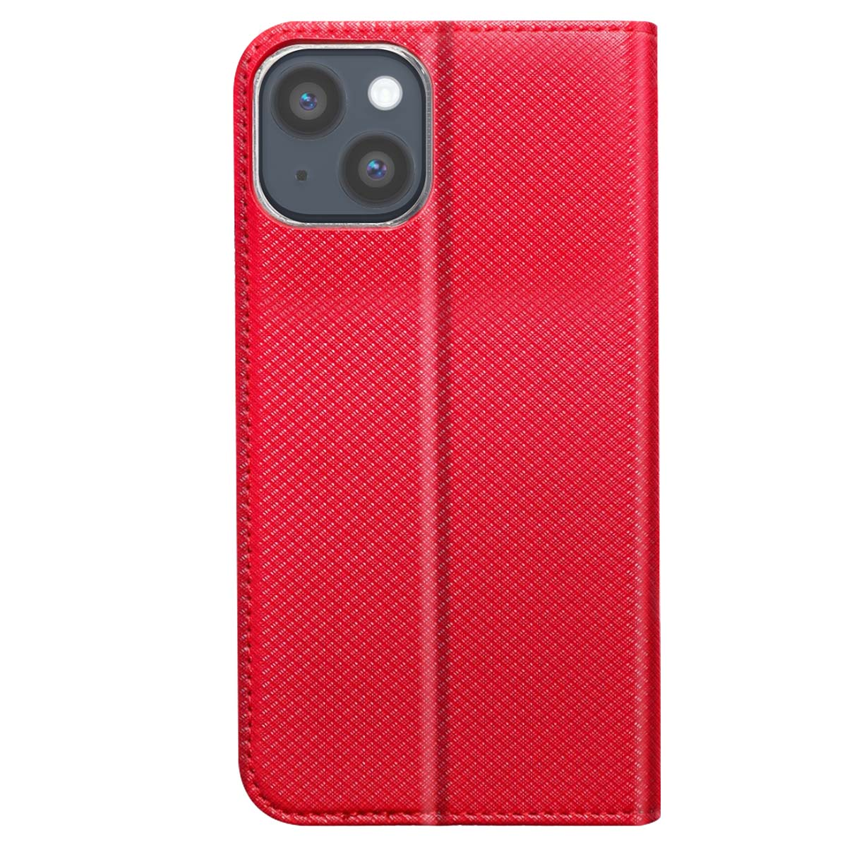 Una custodia rossa per telefono con superficie strutturata. La fotocamera del telefono è visibile in alto a sinistra. La custodia è chiusa.