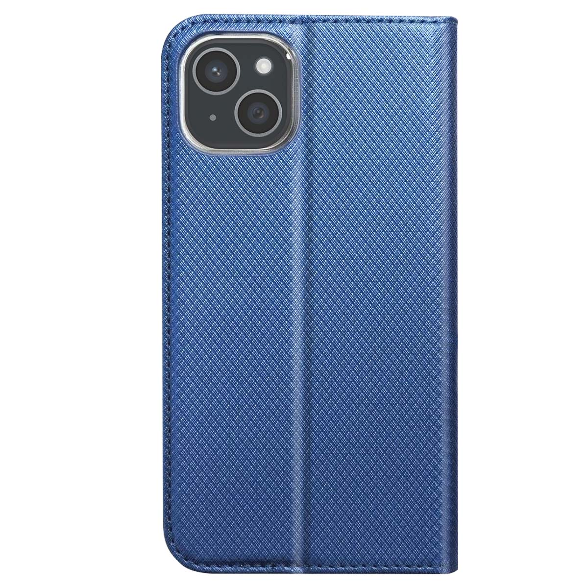 Una custodia blu per telefono con superficie strutturata. Ha un ritaglio per la fotocamera ed è piegata. La custodia è chiusa.