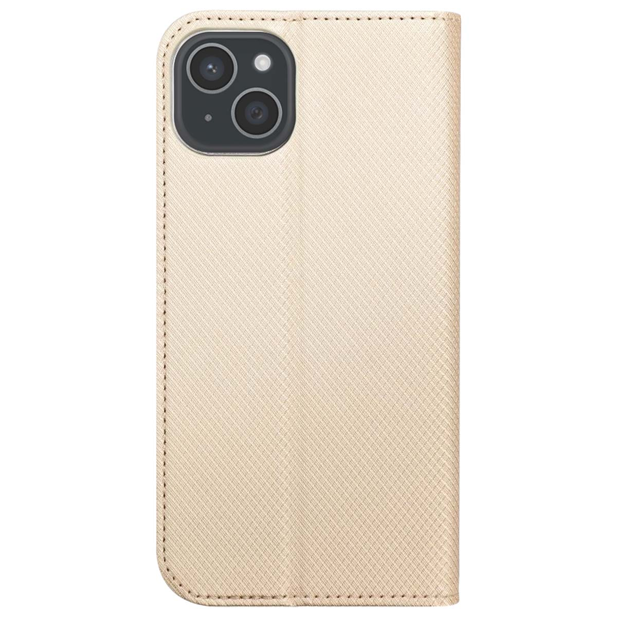 Una custodia per telefono beige chiaro con un ritaglio per la fotocamera dell'iPhone. La custodia ha un motivo strutturato e un bordo cucito.
