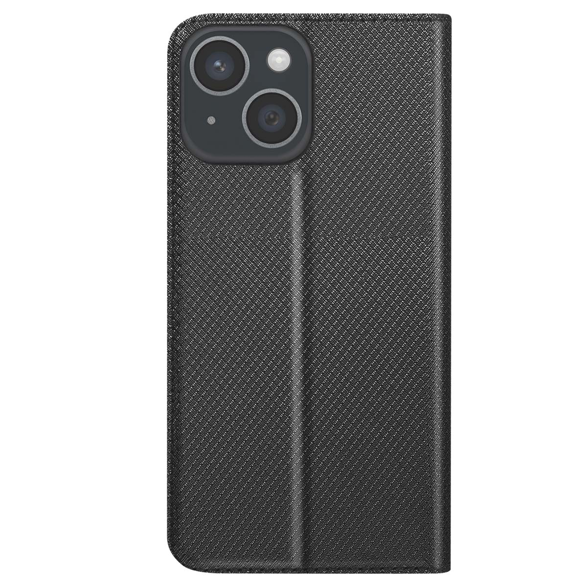 Una custodia nera per telefono con superficie strutturata. La custodia ha un ritaglio per la fotocamera e un design pieghevole.