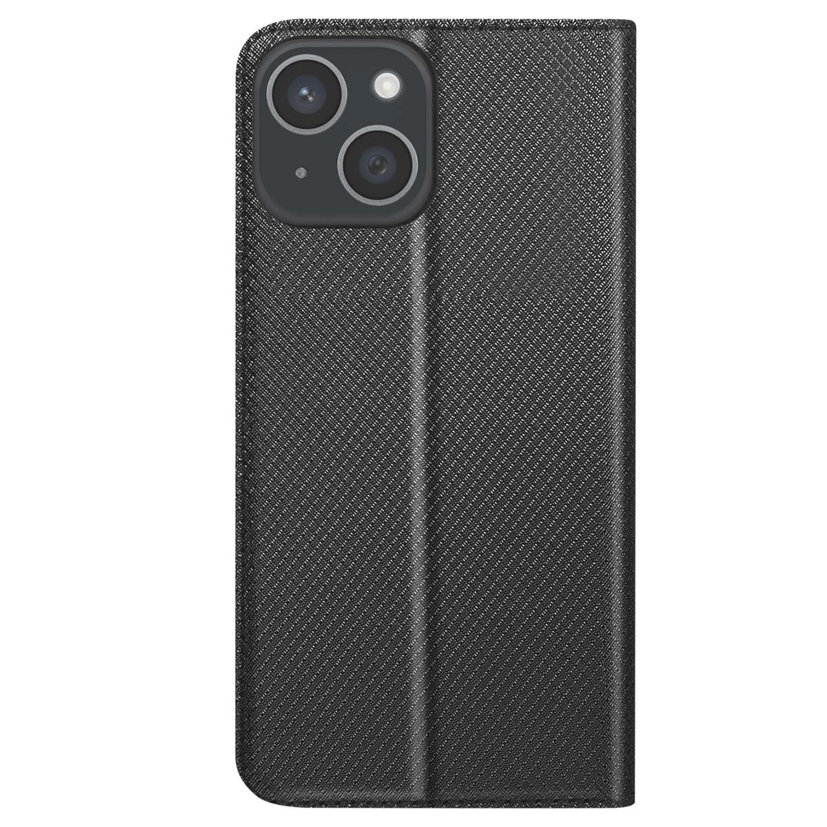 Una custodia nera per telefono con motivo strutturato. Tre lenti della fotocamera visibili in alto a sinistra.