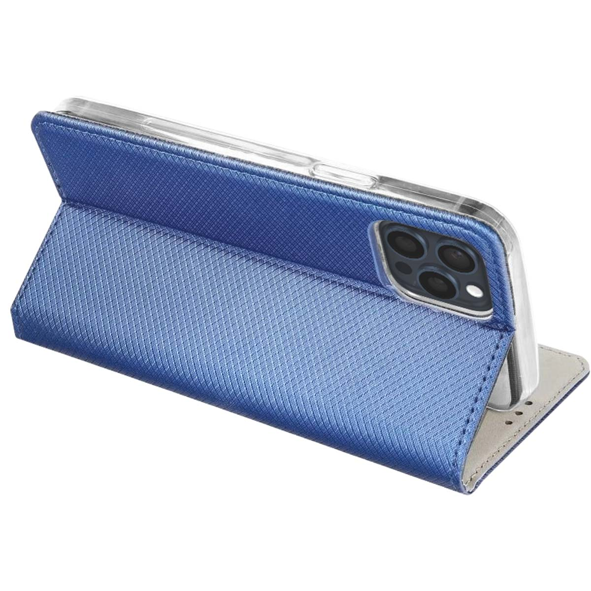 Una custodia blu per telefono con un telefono trasparente all'interno. La custodia è aperta, mostrando la fotocamera del telefono. Lo sfondo è bianco.