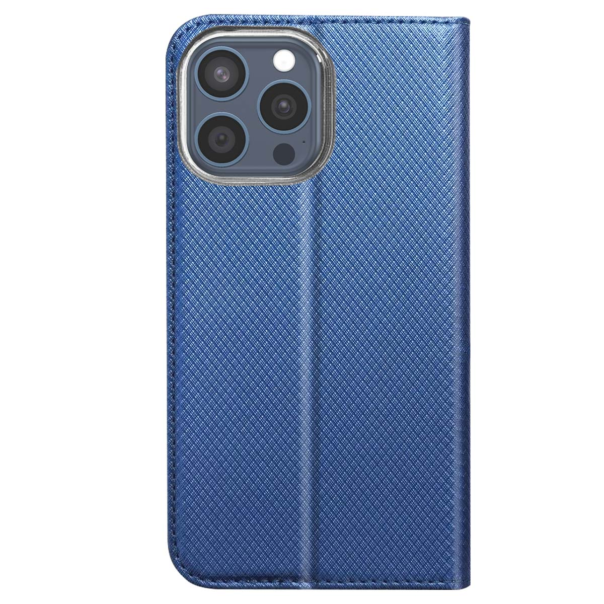 Una custodia blu per telefono con finitura strutturata. La custodia è chiusa, mostrando l'array di fotocamere e uno sportello.