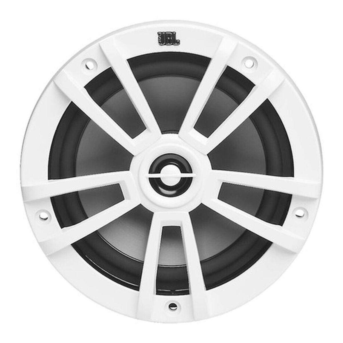 Altoparlante marino JBL bianco con centro nero. Ha un design circolare con raggi bianchi e fori di montaggio.