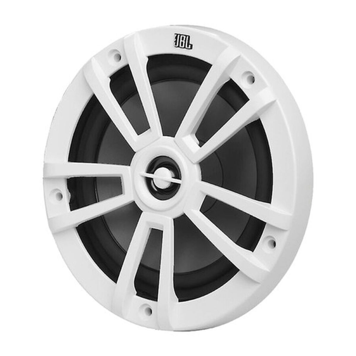 Un altoparlante JBL bianco con design radiale. L'altoparlante ha un centro nero e una cornice bianca con il logo JBL in alto.