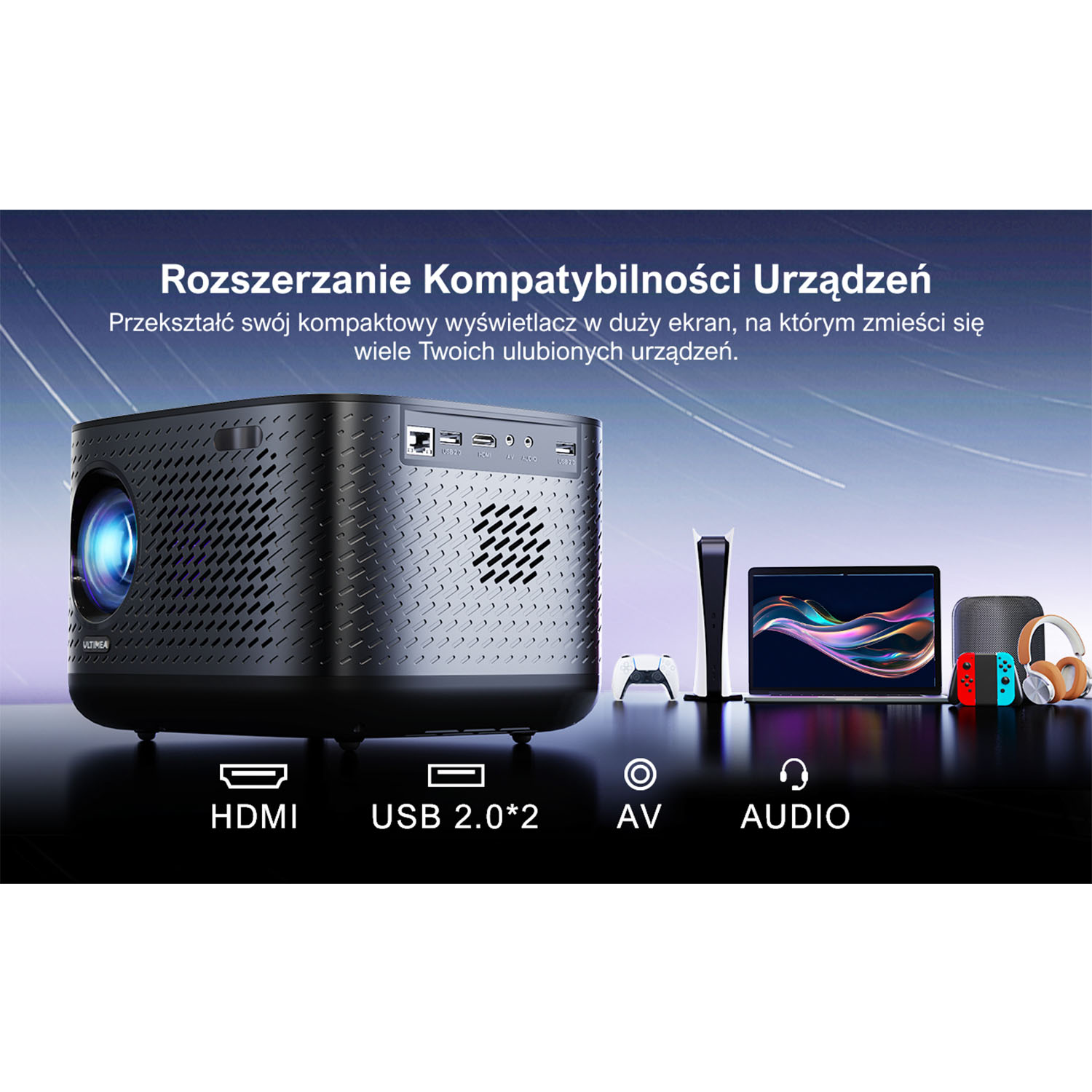 Czarny projektor z różnymi urządzeniami, takimi jak laptop, konsola do gier, słuchawki i kontroler do gier.