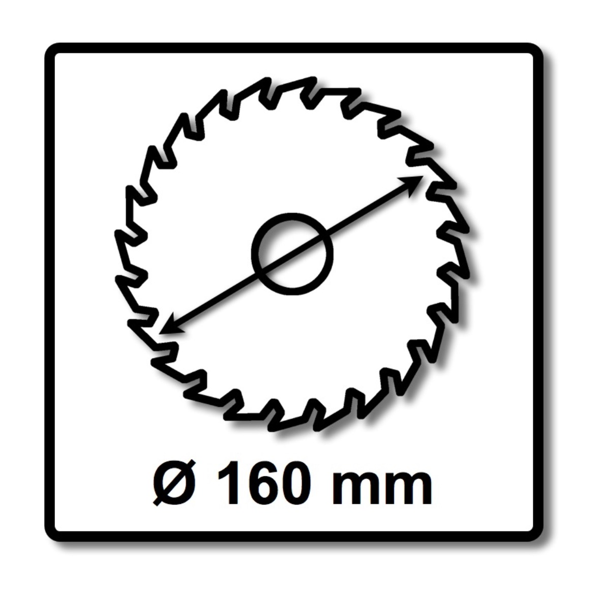 Schwarz-Weiß-Bild eines Sägeblattes. Es hat eine kreisförmige Form mit Zähnen am Rand. Der Durchmesser beträgt 160 mm.
