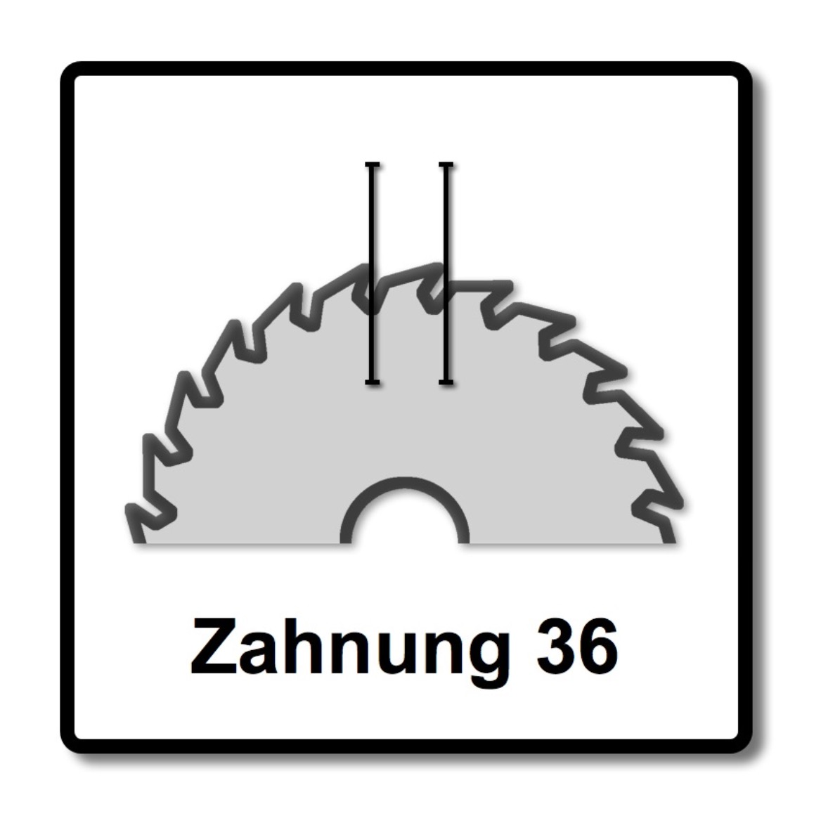 Diagramm eines Sägeblattes mit 36 Zähnen. Zwei vertikale Linien zeigen die Dicke an. Der Text 'Zahnung 36' befindet sich unten.