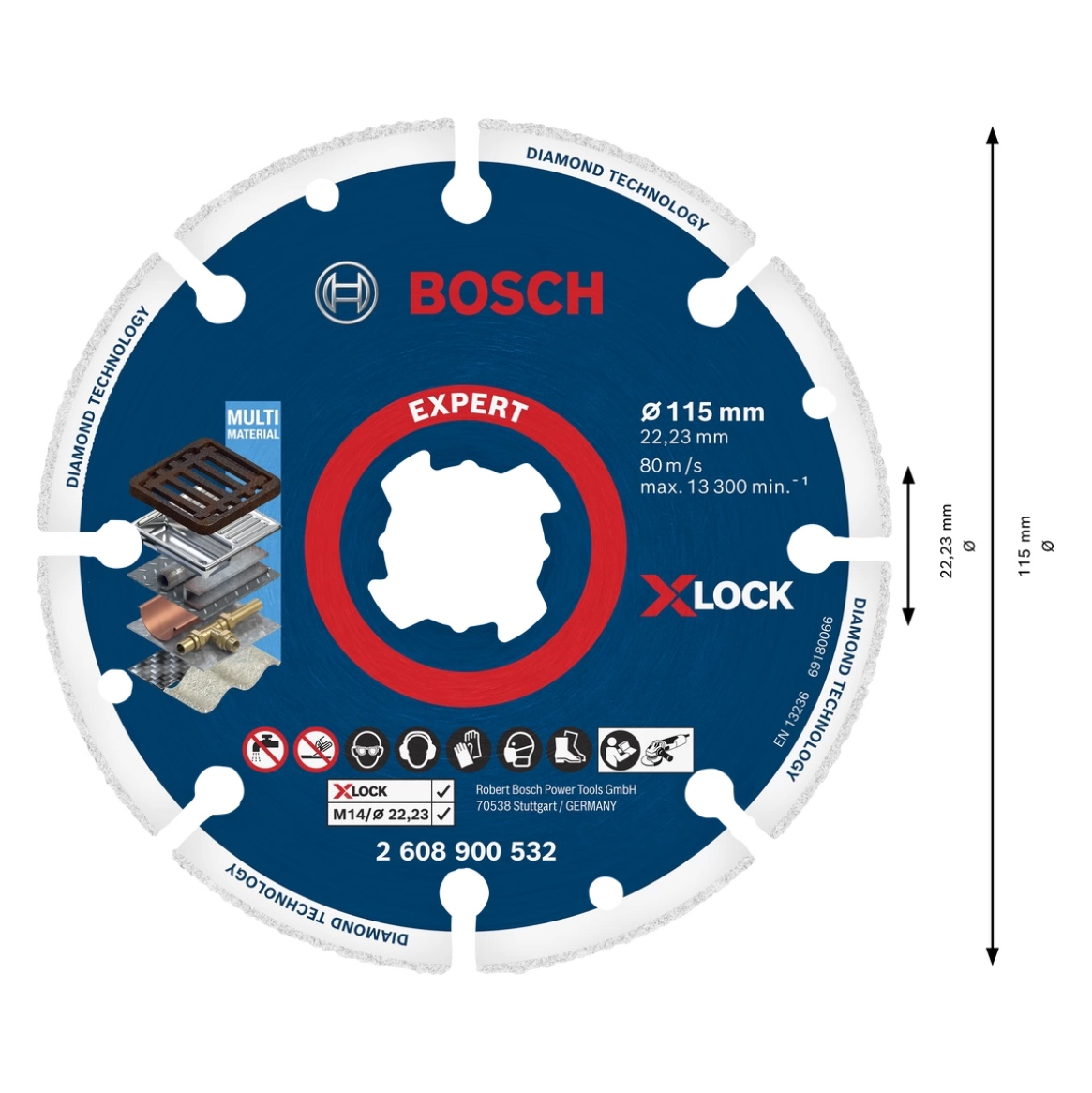 Bosch logolu dairesel testere bıçağı. Beyaz metinle mavi. Ortasında kırmızı bir daire var. Çoklu malzemeler için.