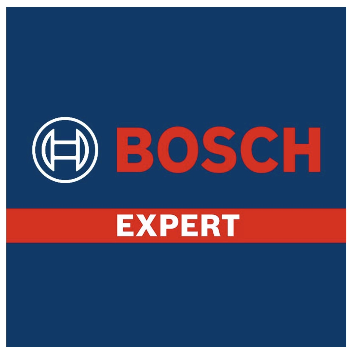 Mavi zemin üzerinde Bosch logosu. İçinde bir sembol bulunan beyaz bir daire, kırmızı "BOSCH" metni ve "EXPERT" yazılı kırmızı bir çubuk vardır.