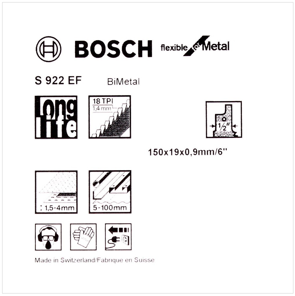 Weißer Hintergrund mit Bosch-Logo, Produktdetails und Icons. Text enthält 'S 922 EF', 'BiMetal' und Maße. Hergestellt in der Schweiz.
