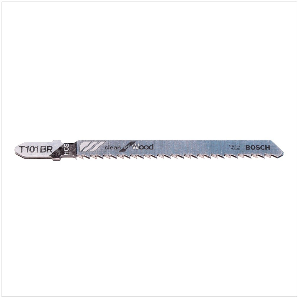 Ein Stichsägeblatt mit der Aufschrift "T101BR", "clean for Wood" und "BOSCH" vor weißem Hintergrund.